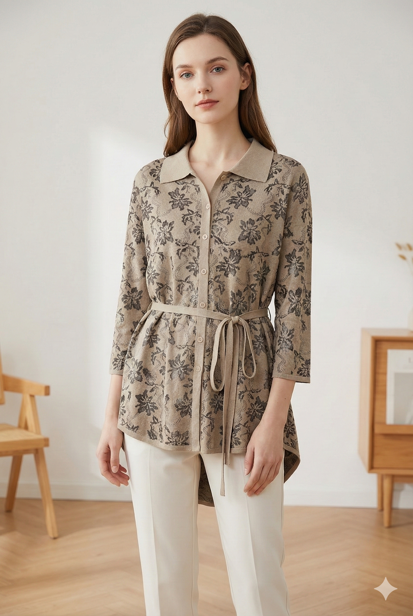 Spring/Summer Sweater, Jacquard, Polo Collar, Tie-Waist, Long, Button-Up Cardigan, art.6896