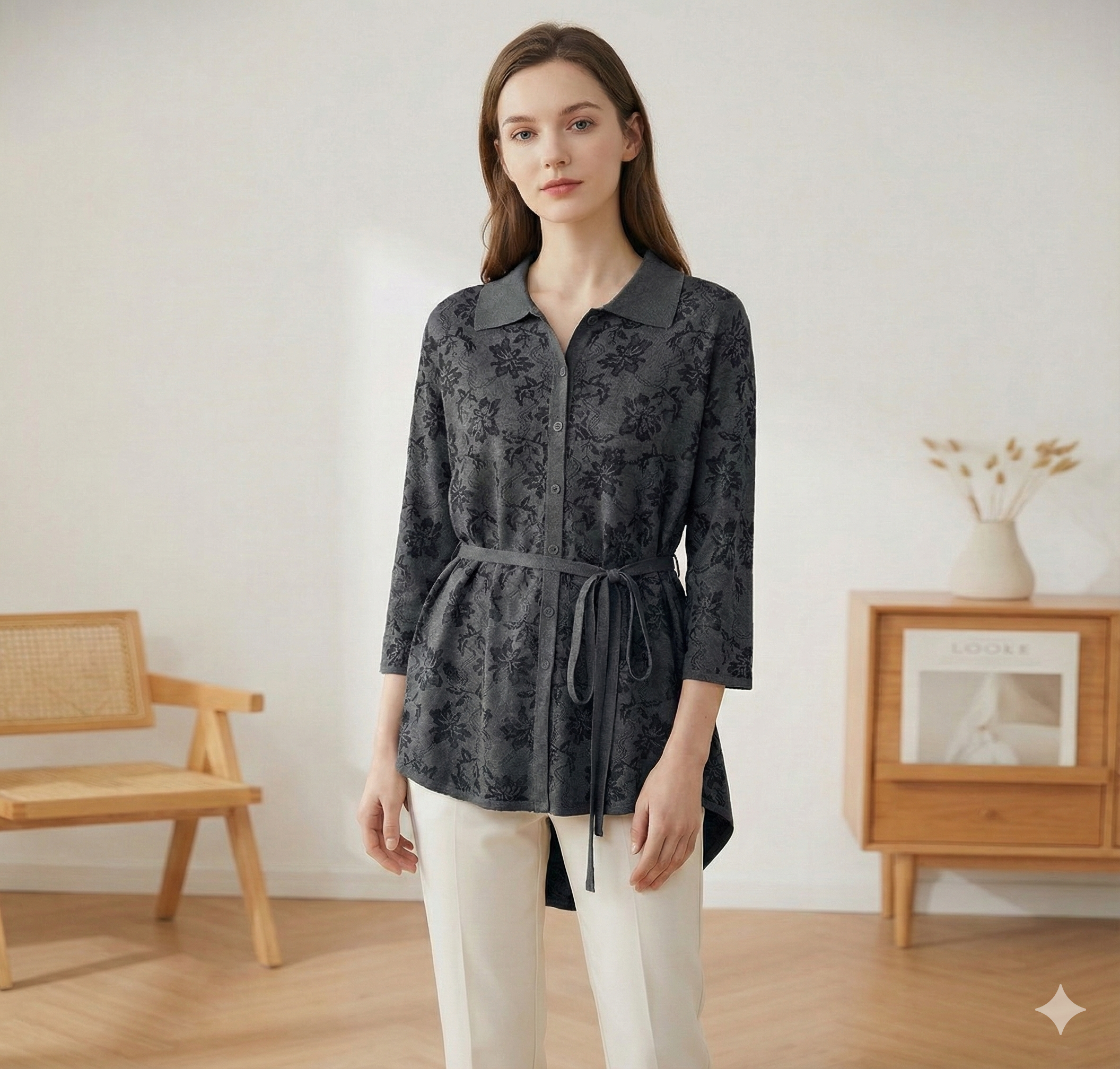 Spring/Summer Sweater, Jacquard, Polo Collar, Tie-Waist, Long, Button-Up Cardigan, art.6896