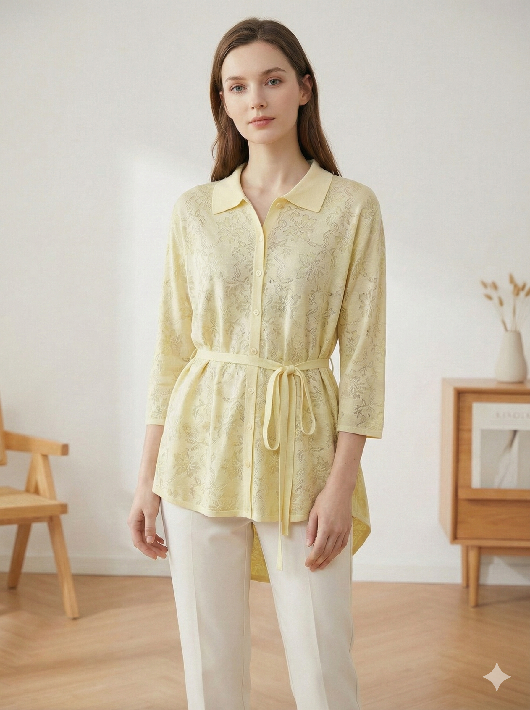 Spring/Summer Sweater, Jacquard, Polo Collar, Tie-Waist, Long, Button-Up Cardigan, art.6896