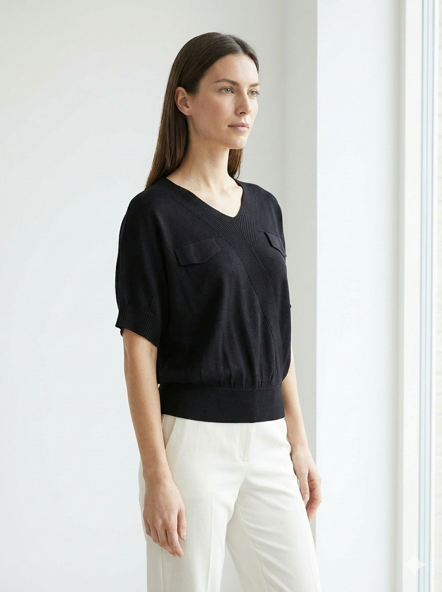 Short-sleeved, batwing sleeves, faux pockets, V-neck, casual. art.8501