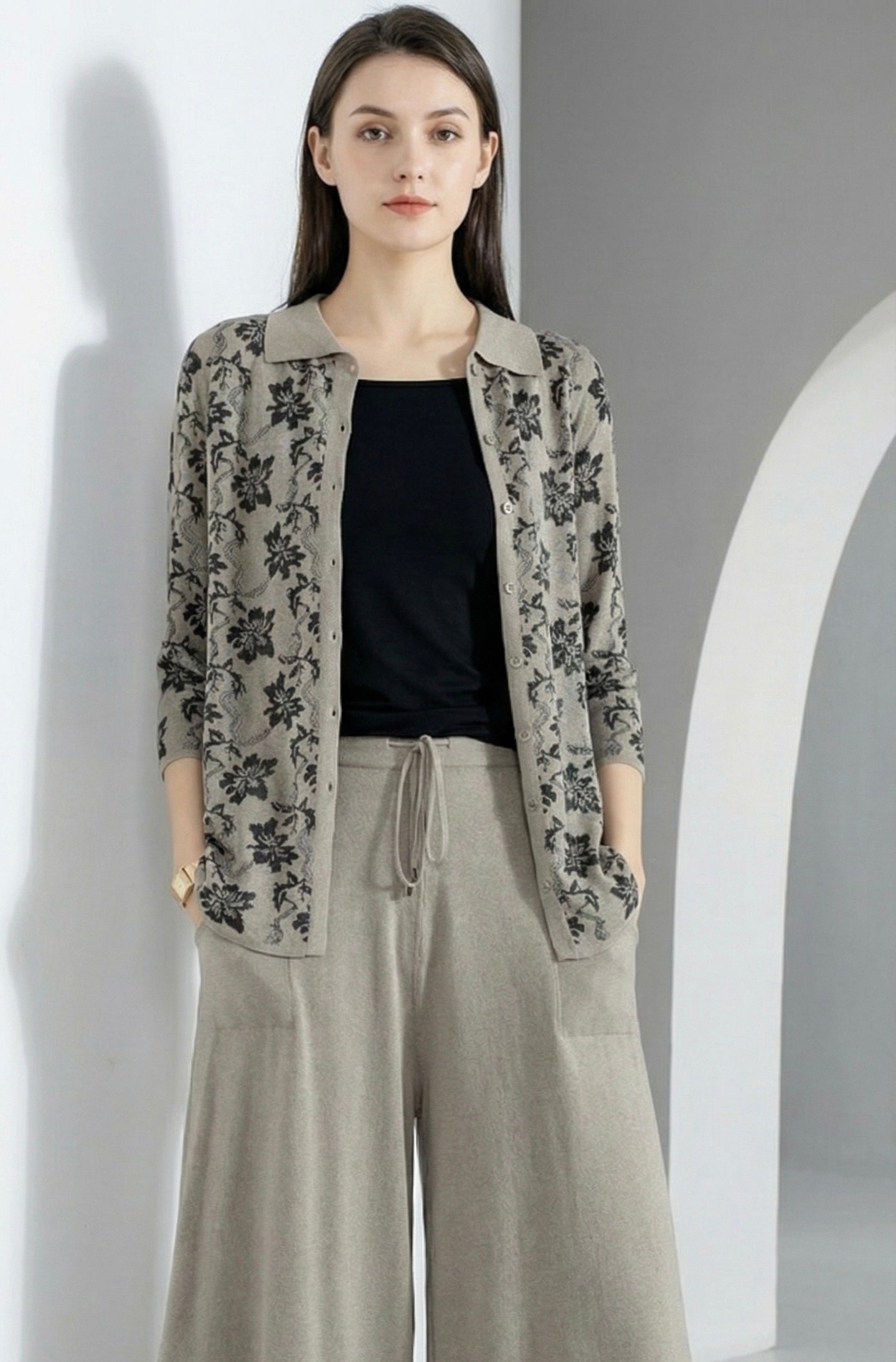 Spring/Summer Sweater, Jacquard, Polo Collar, Tie-Waist, Long, Button-Up Cardigan, art.6896