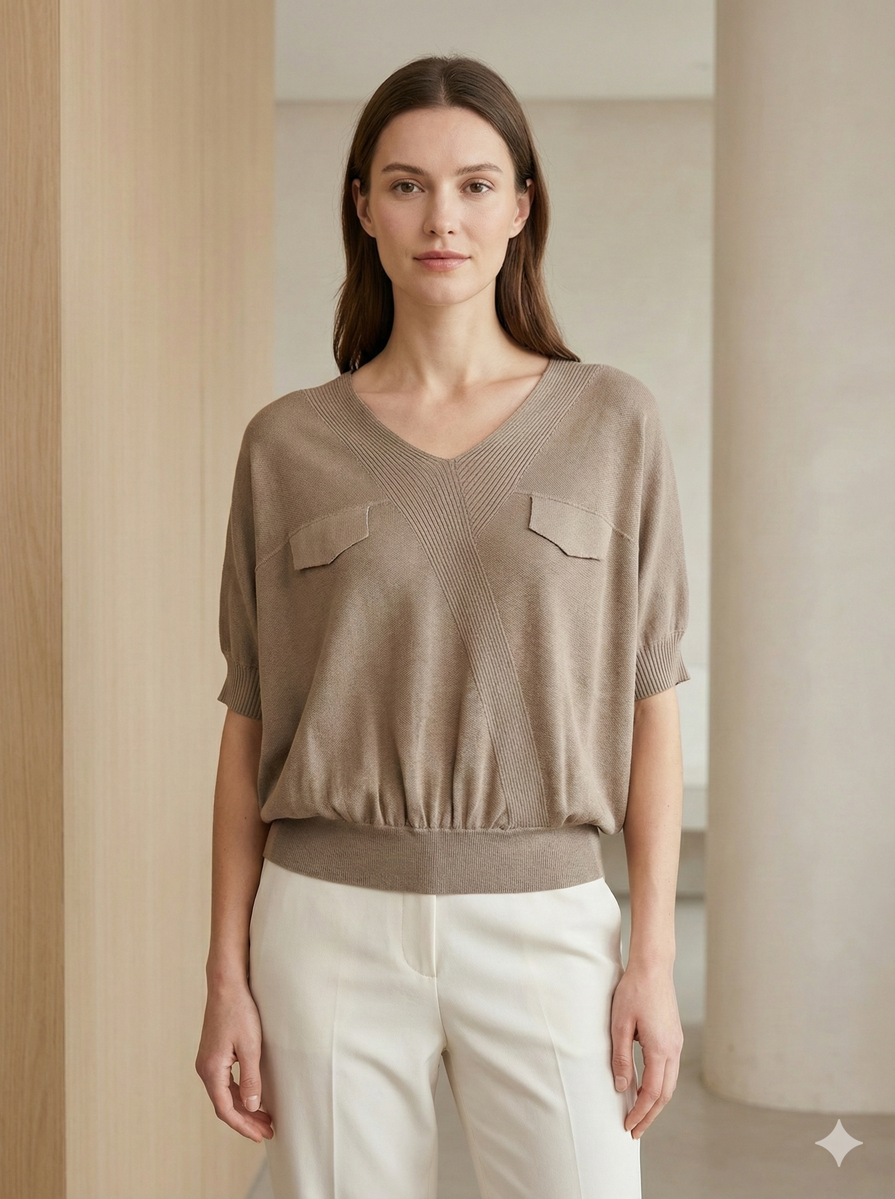 Short-sleeved, batwing sleeves, faux pockets, V-neck, casual. art.8501