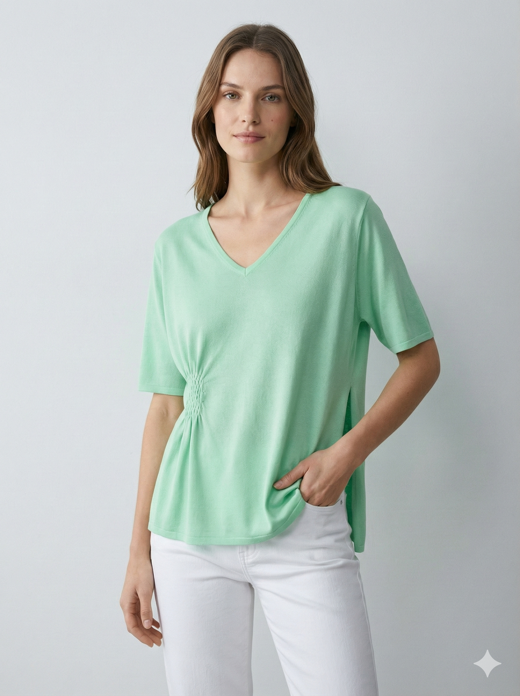 Short-sleeved,Pleats, single-sided slit, V-neck, casual. art.6906