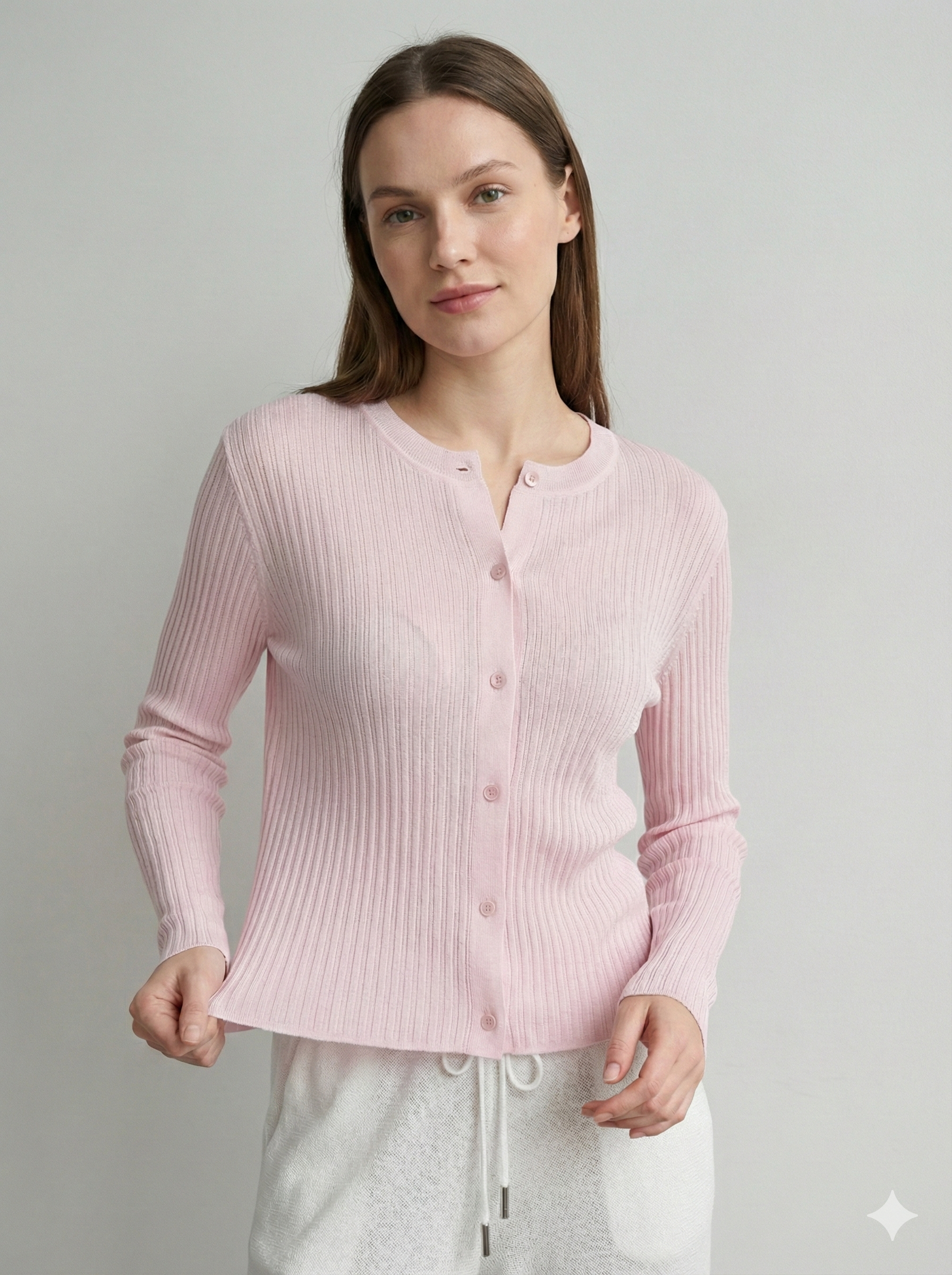 Viscose fiber knitted crewneck cardigan with high elasticity and stretch. 92092