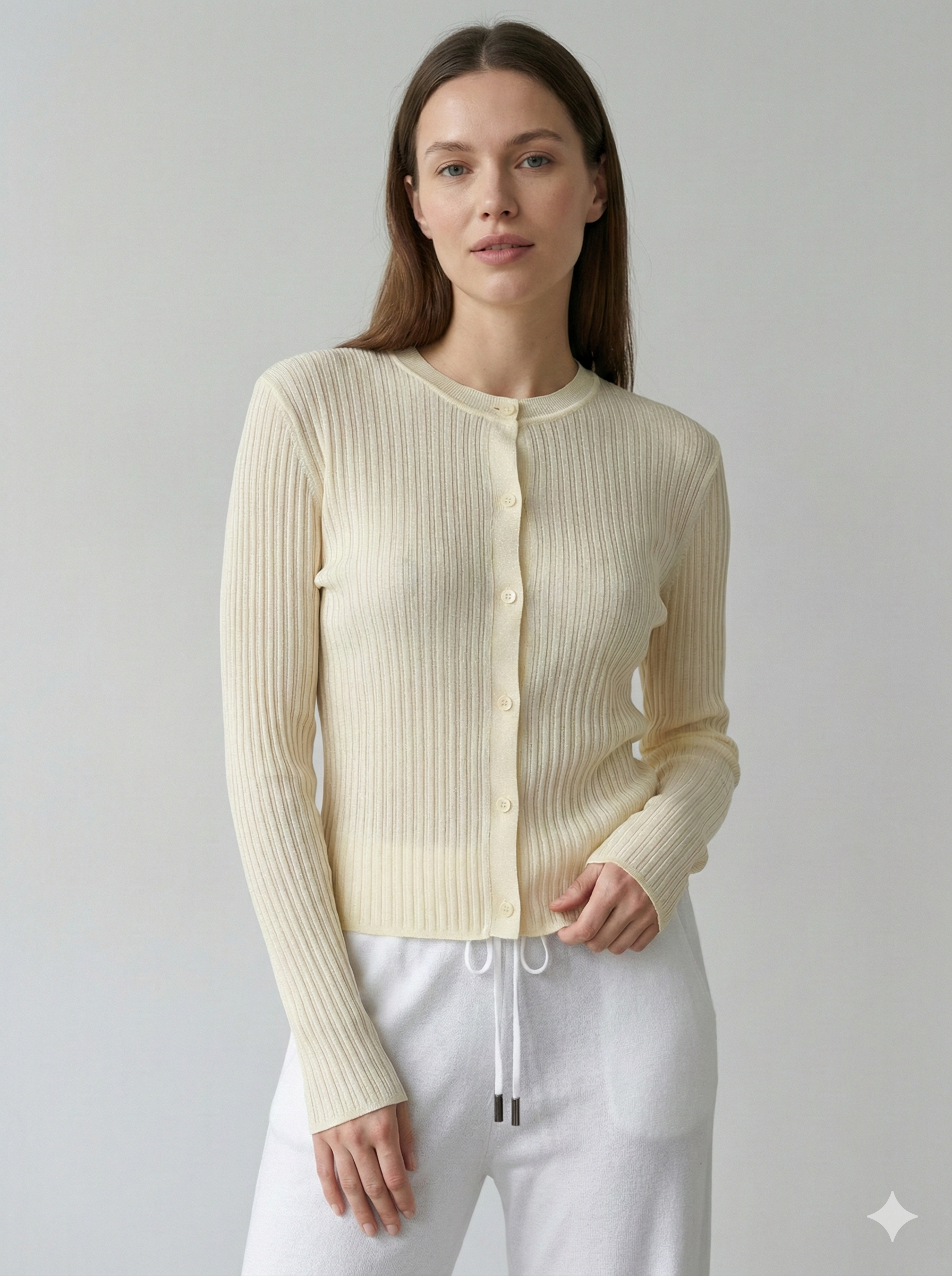 Viscose fiber knitted crewneck cardigan with high elasticity and stretch. 92092