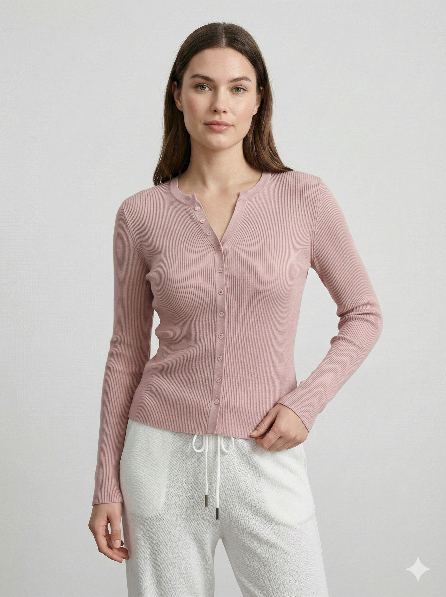 Natural Fiber Ribbed Knit crew-neck Women's cardigan A65211