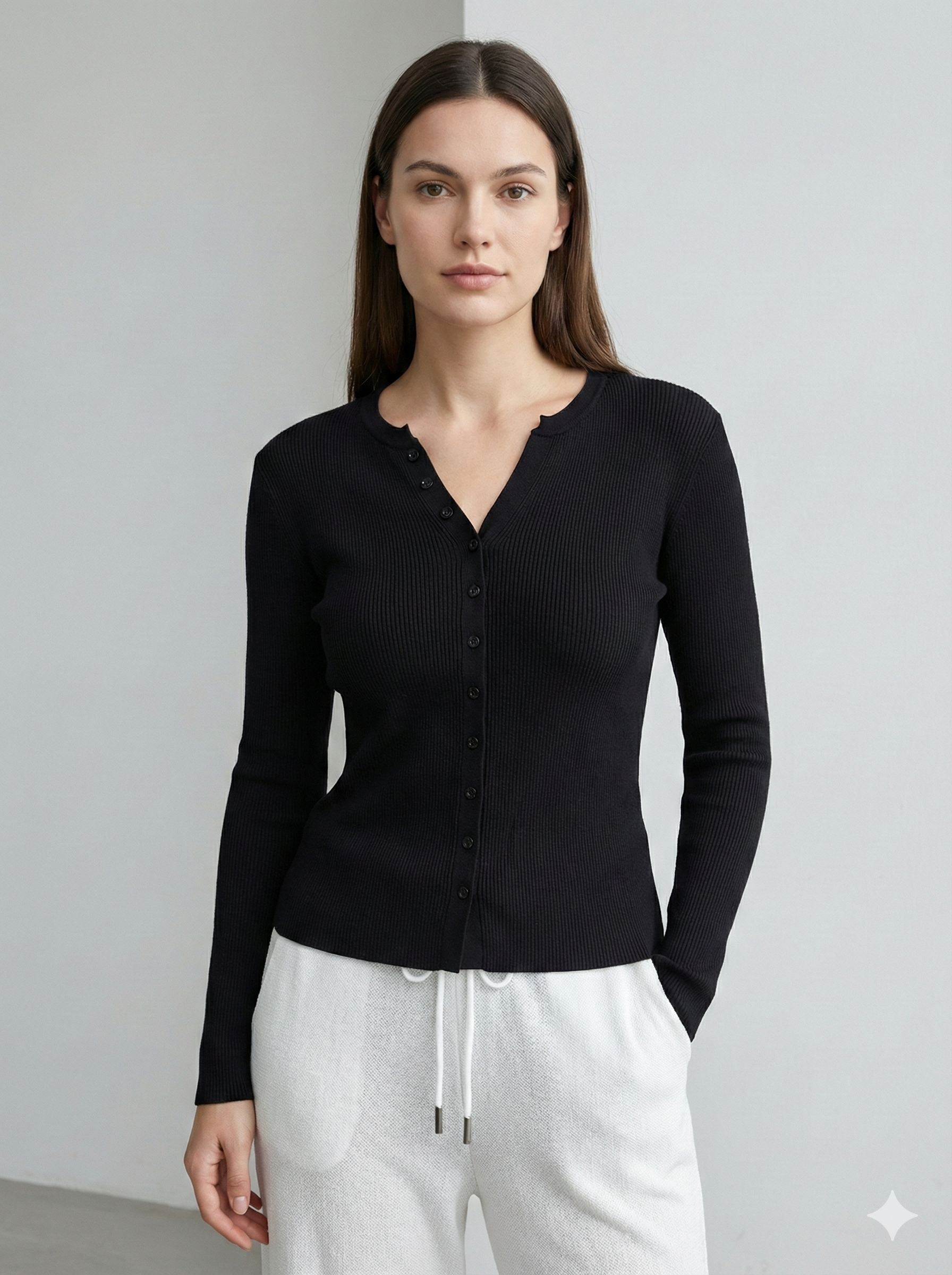 Natural Fiber Ribbed Knit crew-neck Women's cardigan A65211