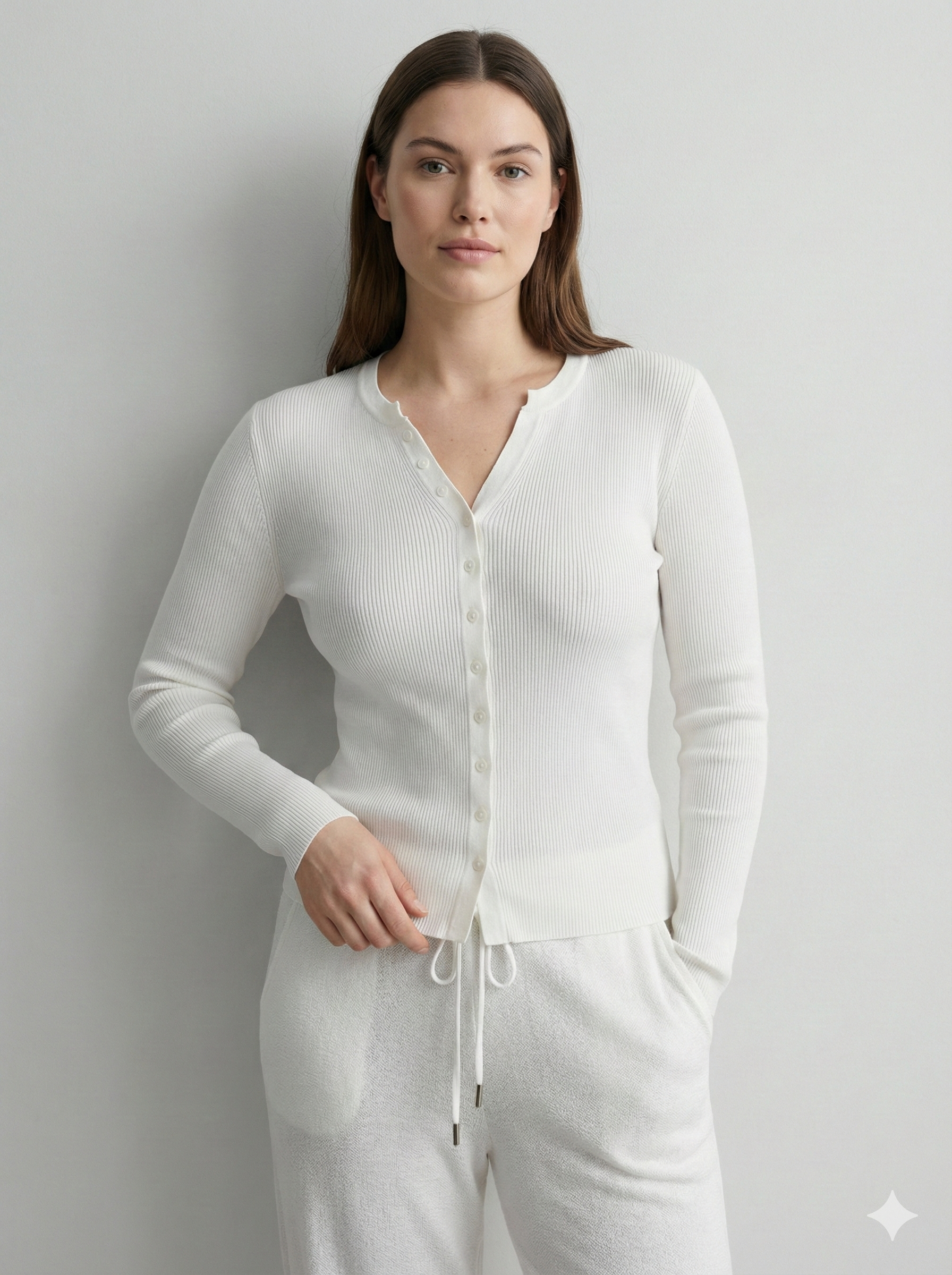 Natural Fiber Ribbed Knit crew-neck Women's cardigan A65211