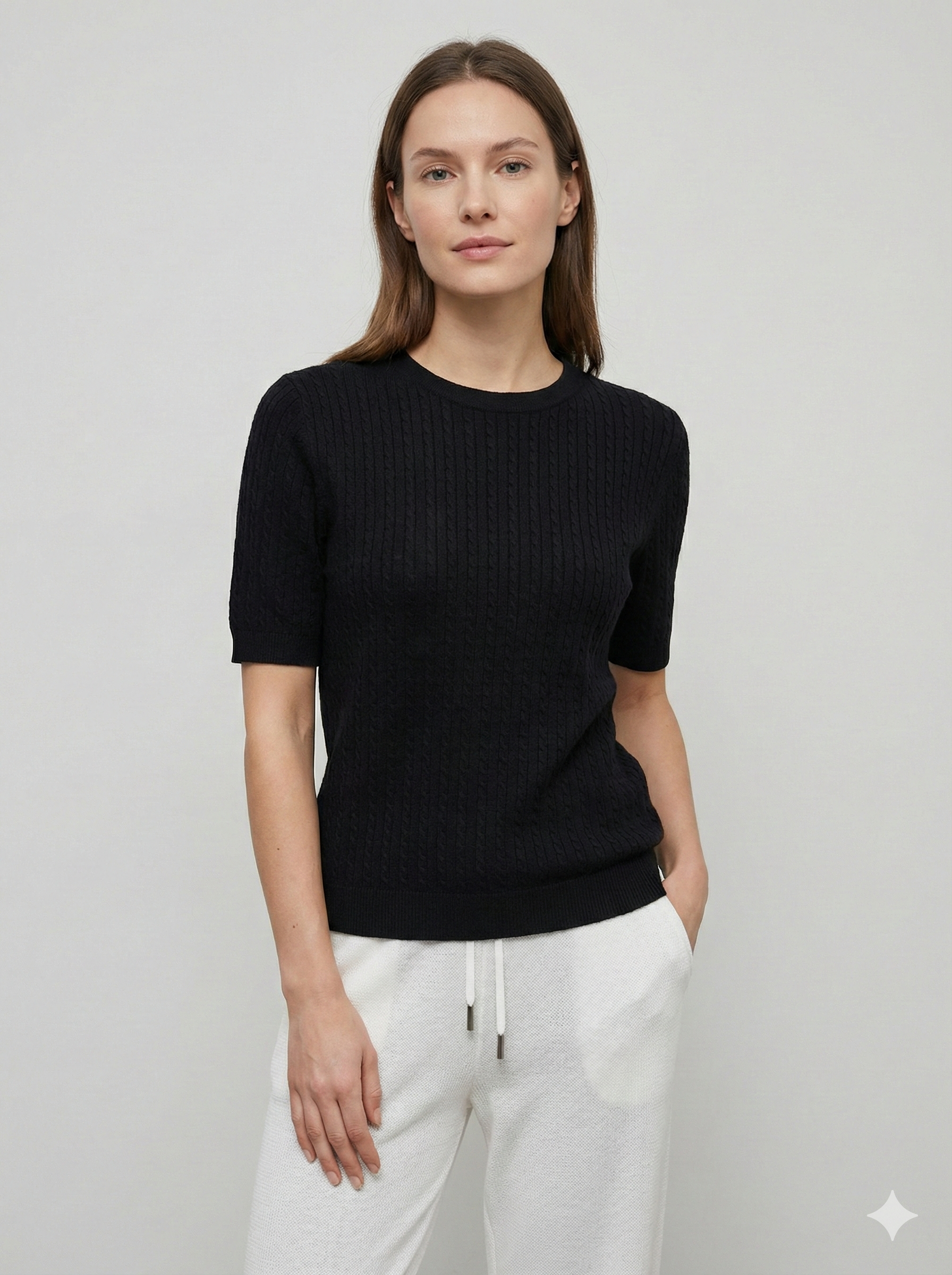 3D seamless short-sleeved crew neck sweater with twisted rope style, 33% wool.H8609