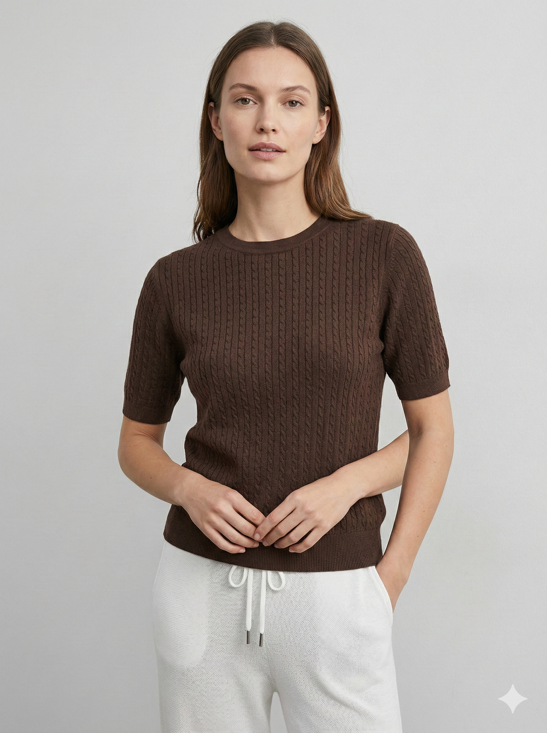 3D seamless short-sleeved crew neck sweater with twisted rope style, 33% wool.H8609