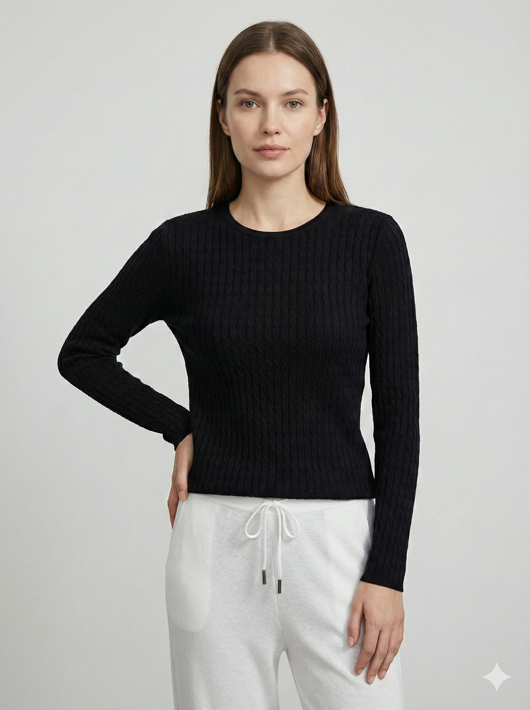 3D seamless Long-sleeved crew neck sweater with twisted rope style, 33% wool.A8655 (Copy)
