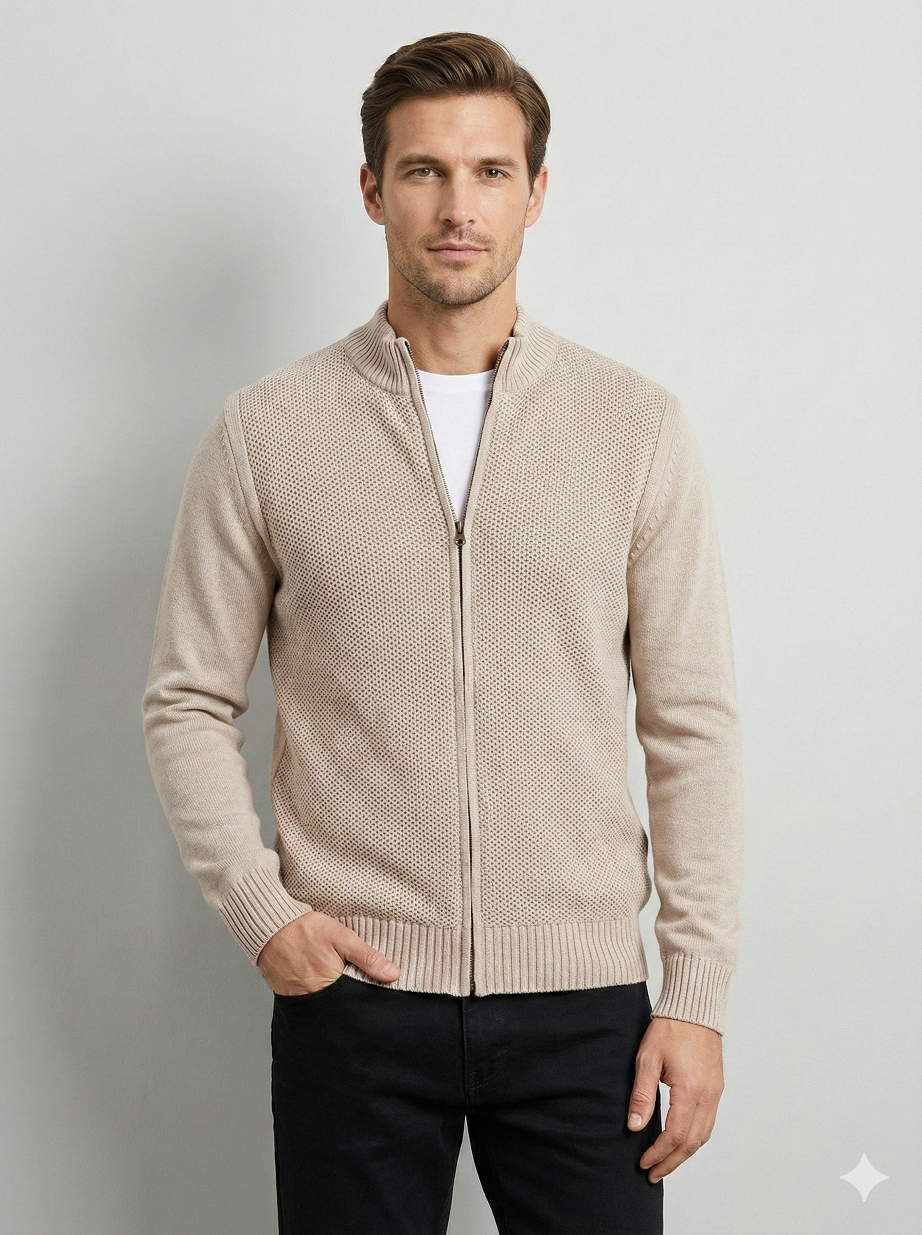 Stone wash jacquard zipper sweater H005