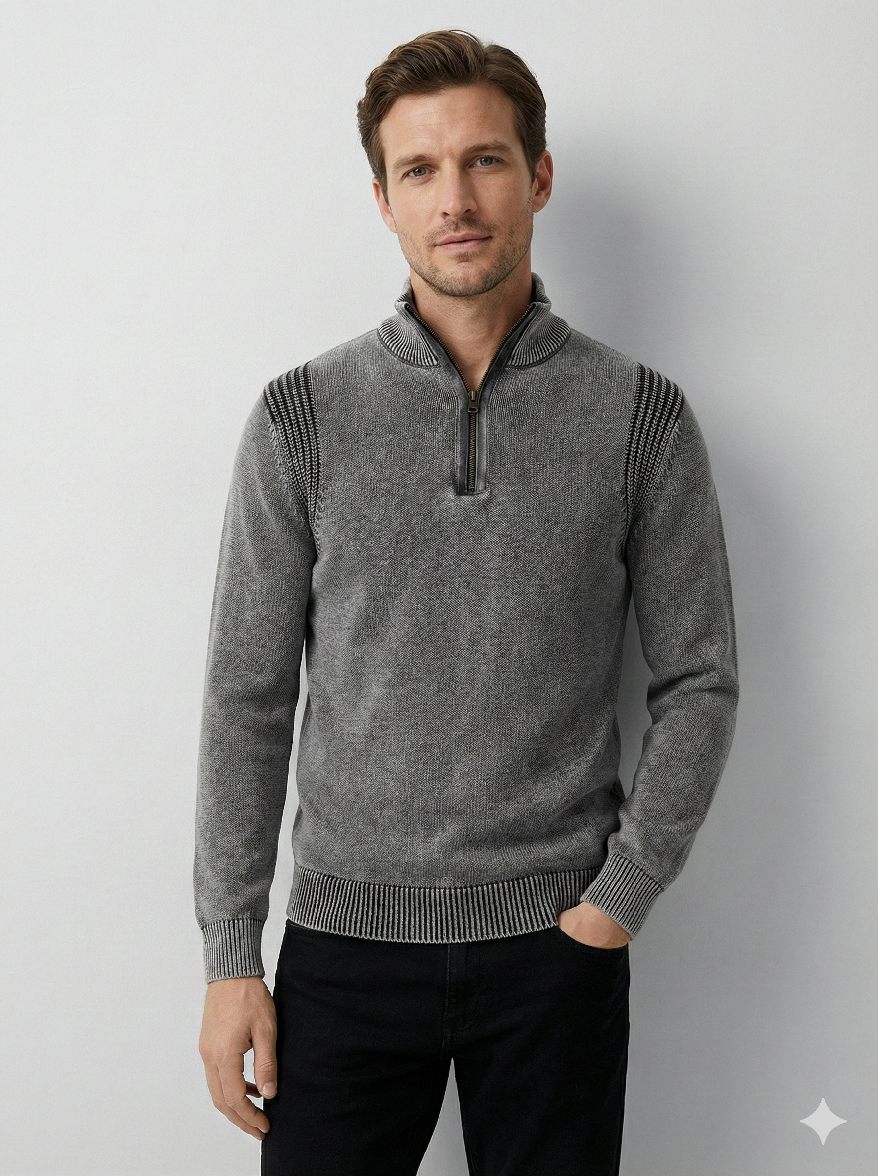 Stone wash jacquard zipper sweater H001