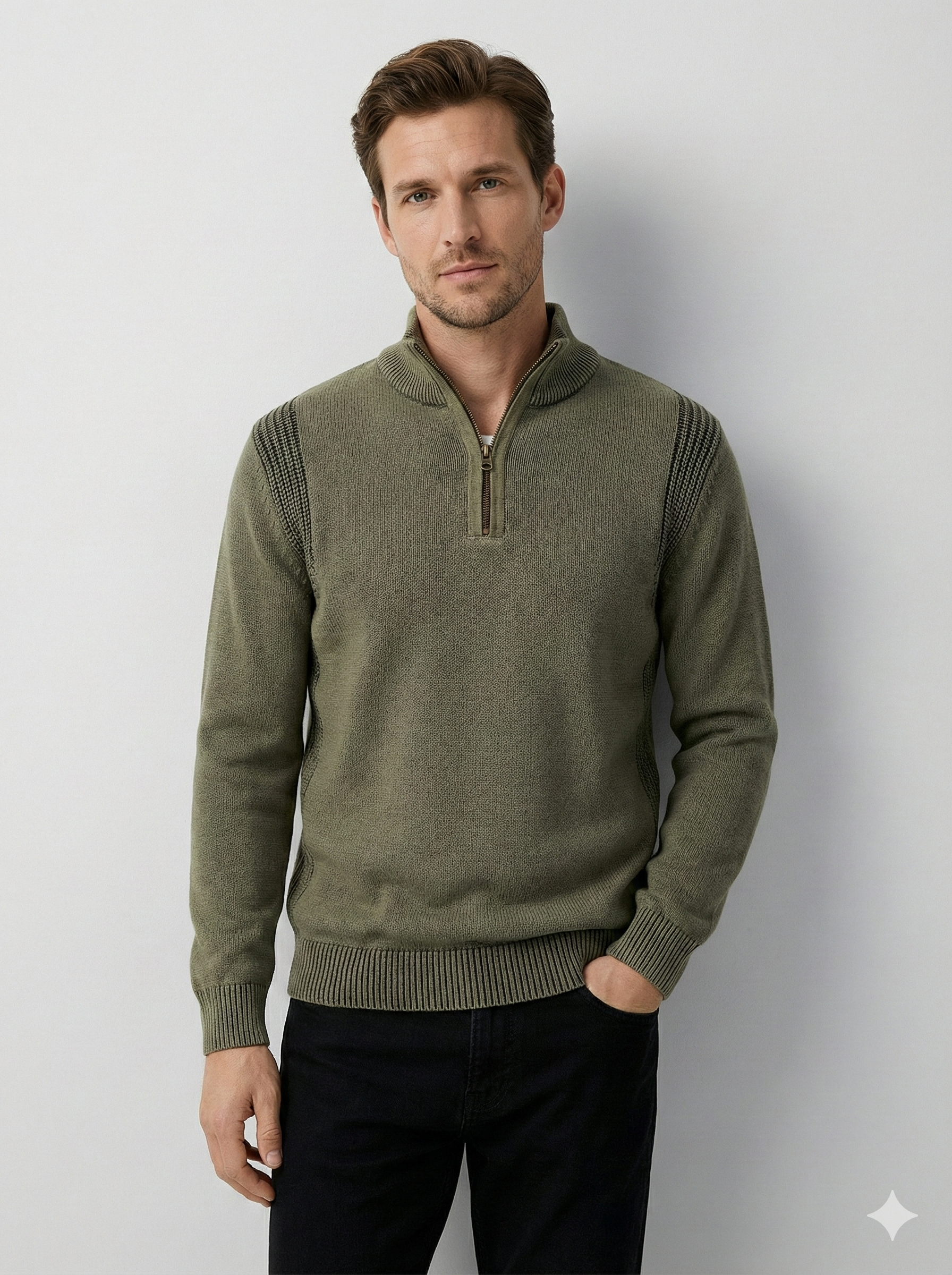 Stone wash jacquard zipper sweater H001