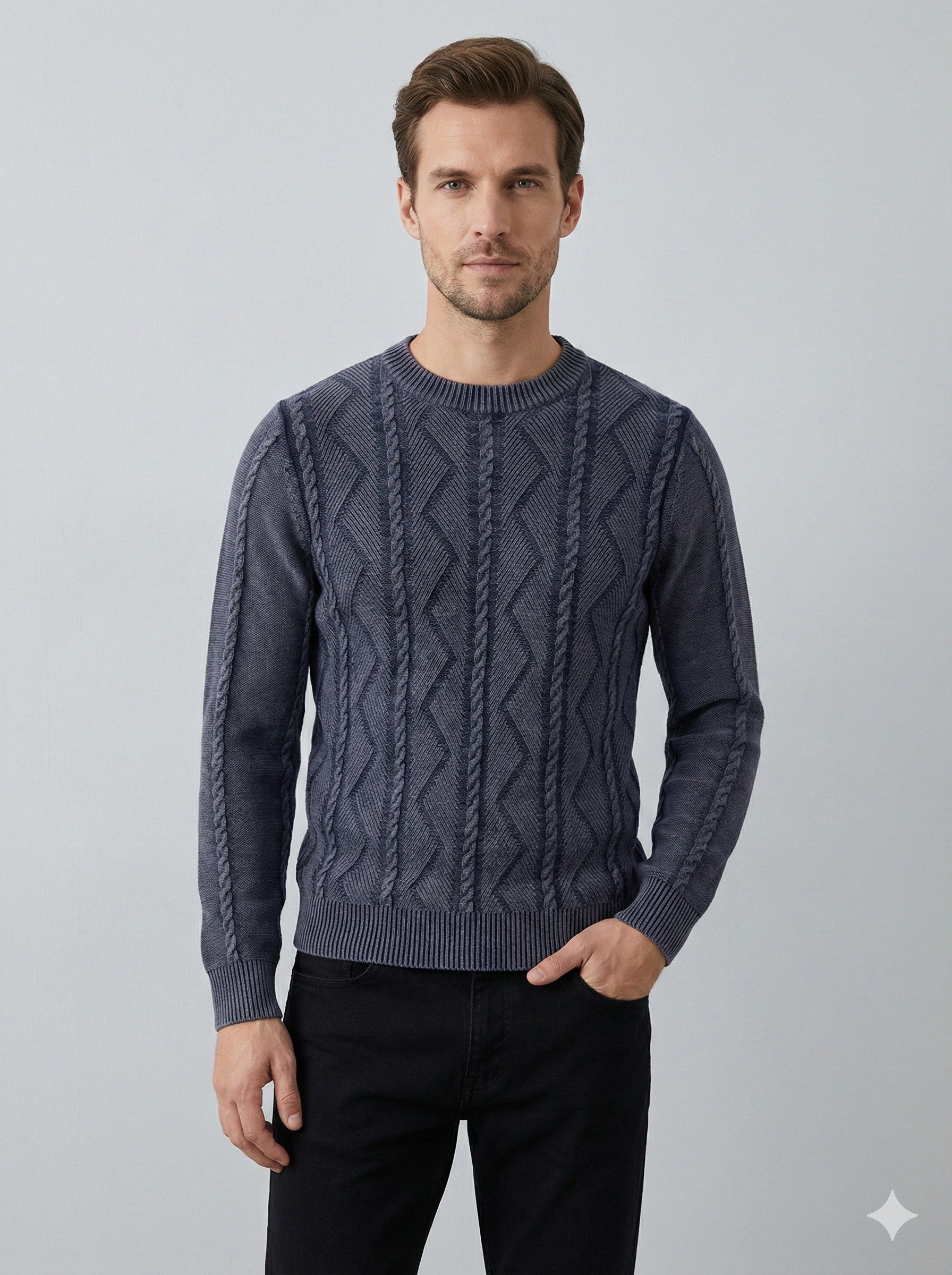 Stone wash jacquard crew-neck sweater H007