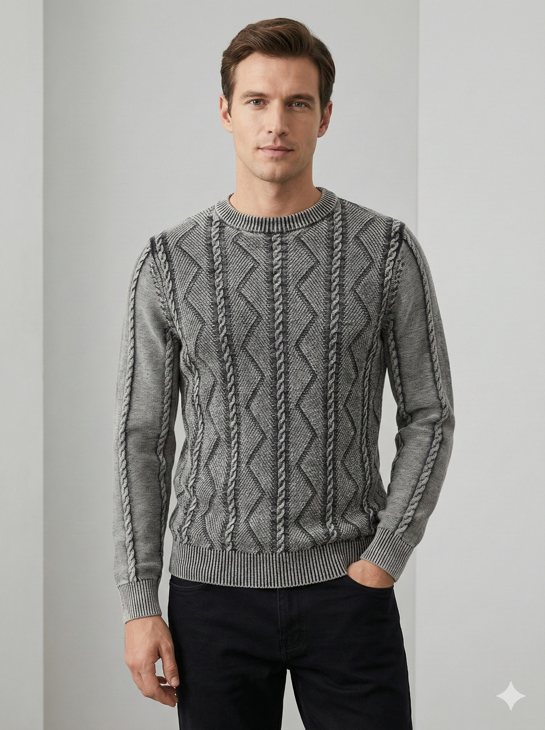 Stone wash jacquard crew-neck sweater H007