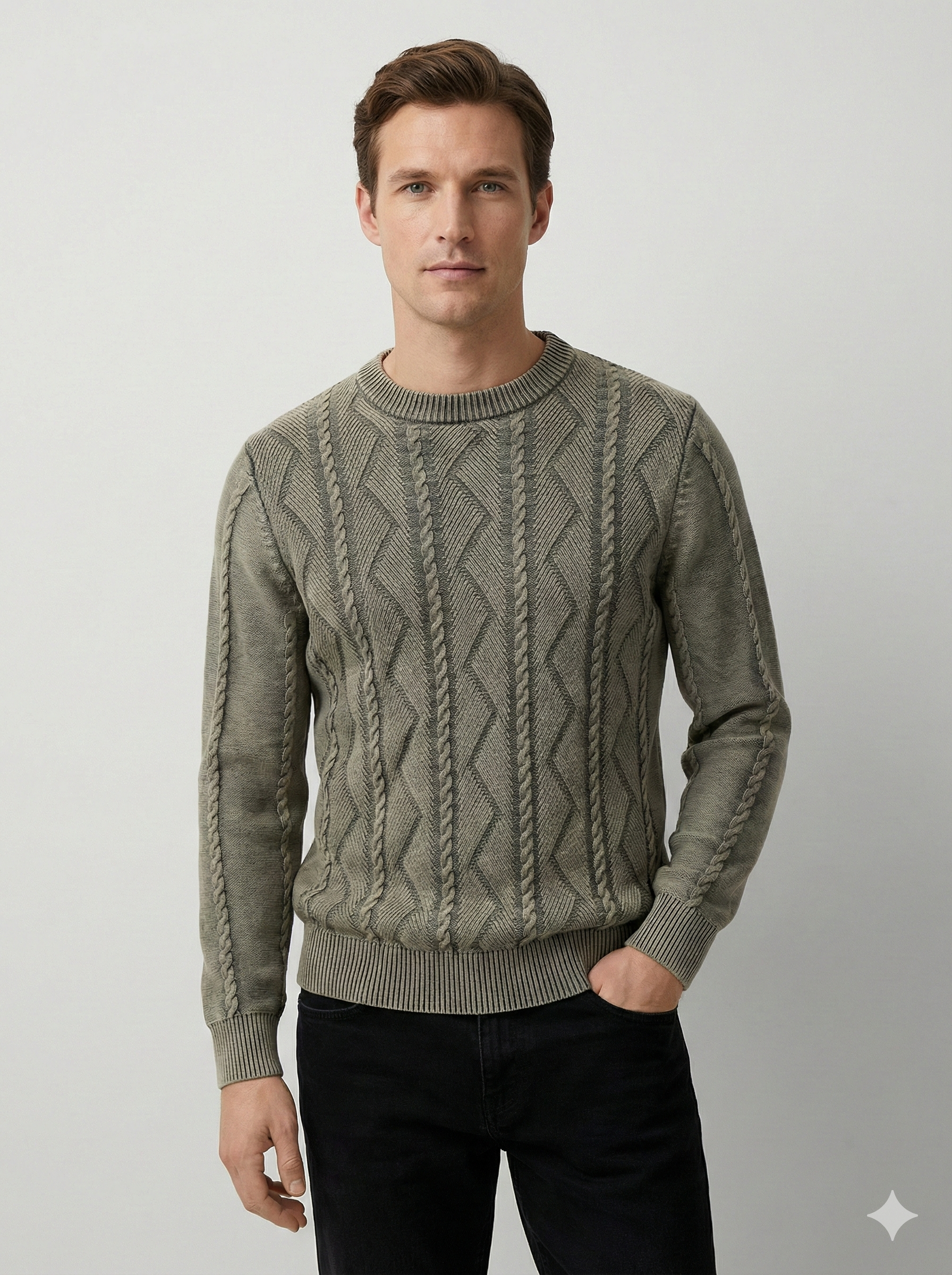 Stone wash jacquard crew-neck sweater H007