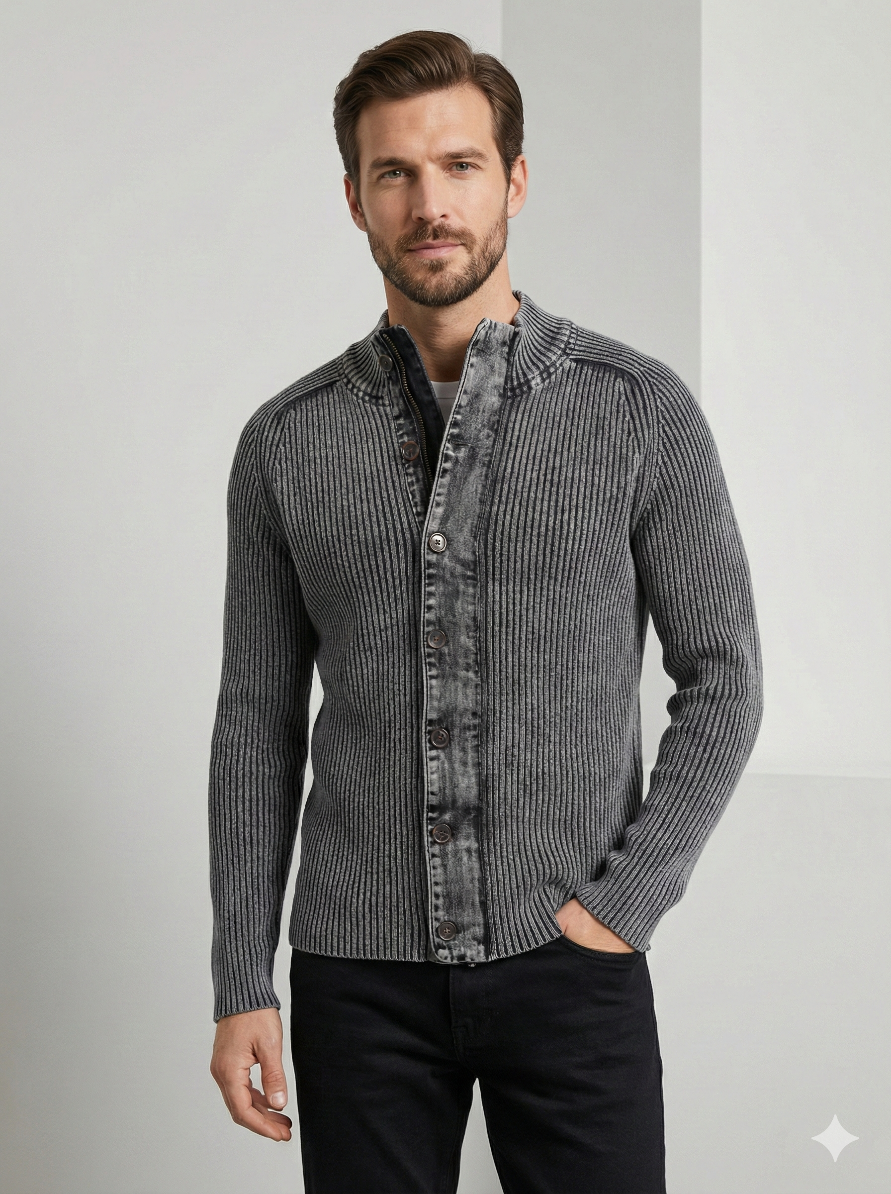 Stone wash Buttons and zippers sweater H002