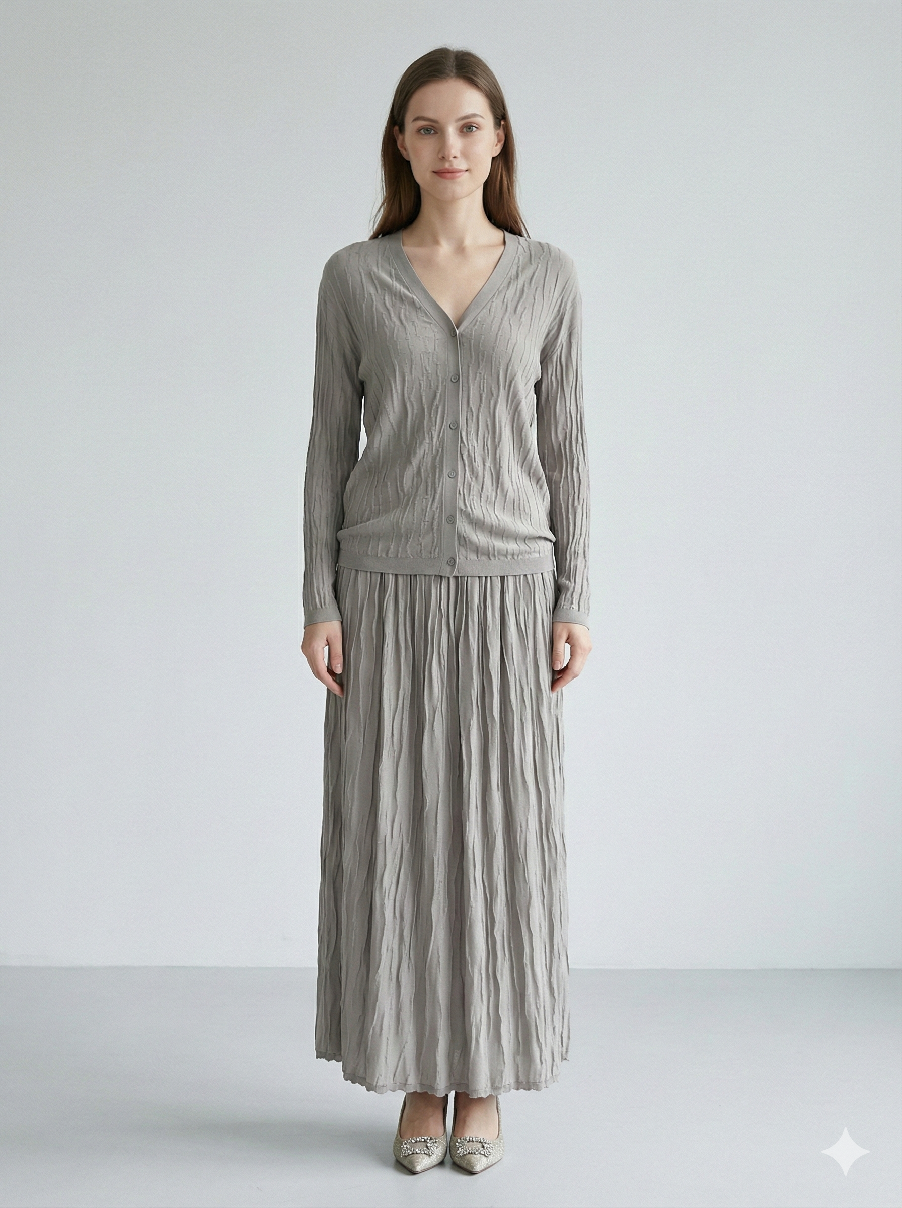 Spring/Summer Suit: Long-sleeved cardigan, camisole, long skirt, jacquard, women's sweater (14-gauge) 32211,32206