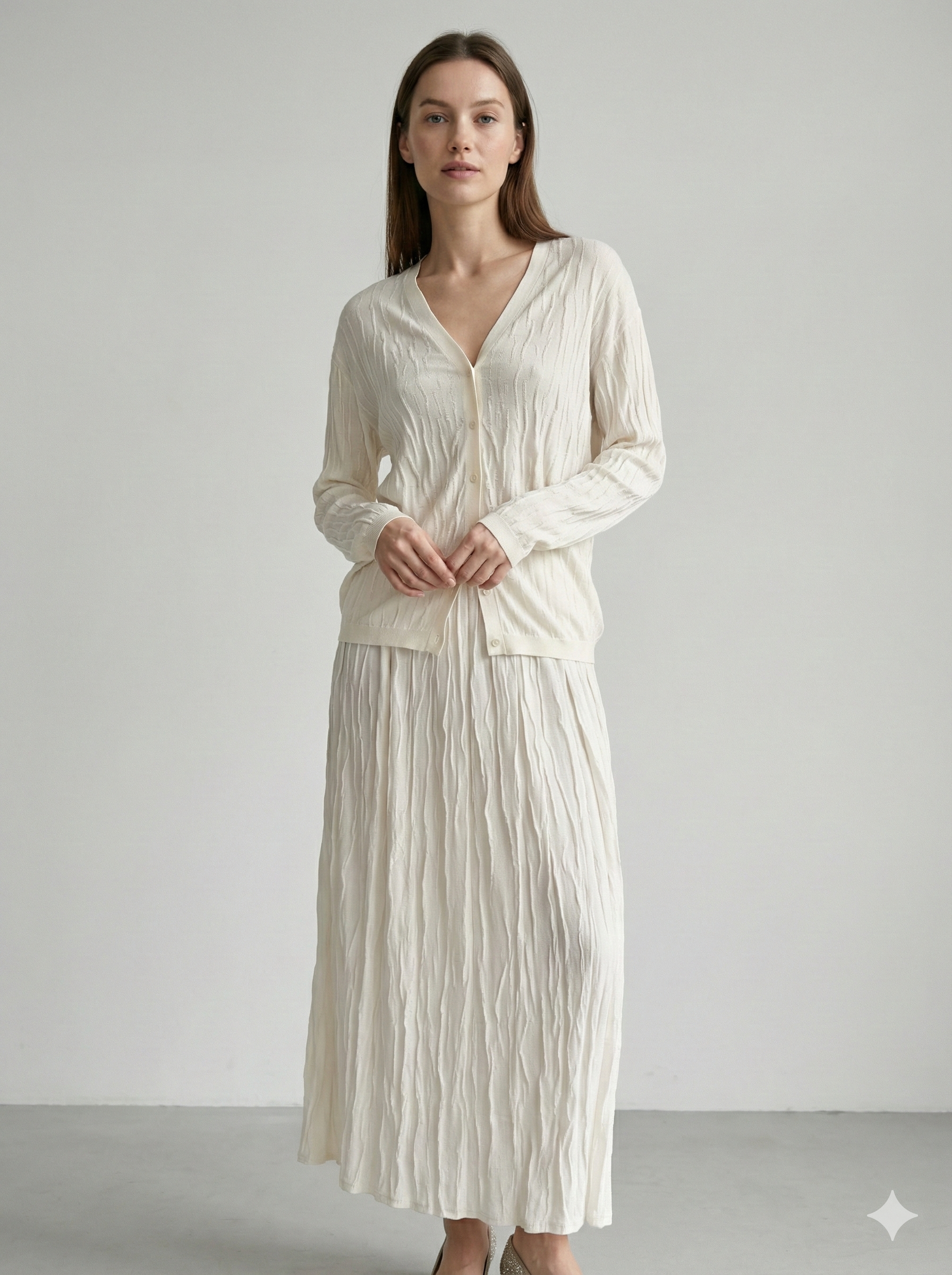 Spring/Summer Suit: Long-sleeved cardigan, camisole, long skirt, jacquard, women's sweater (14-gauge) 32211,32206