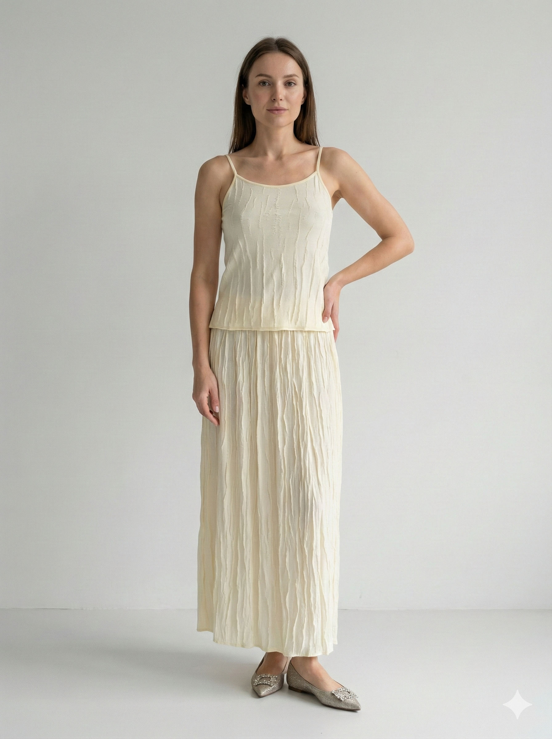 Spring/Summer Suit: Long-sleeved cardigan, camisole, long skirt, jacquard, women's sweater (14-gauge) 32211,32206