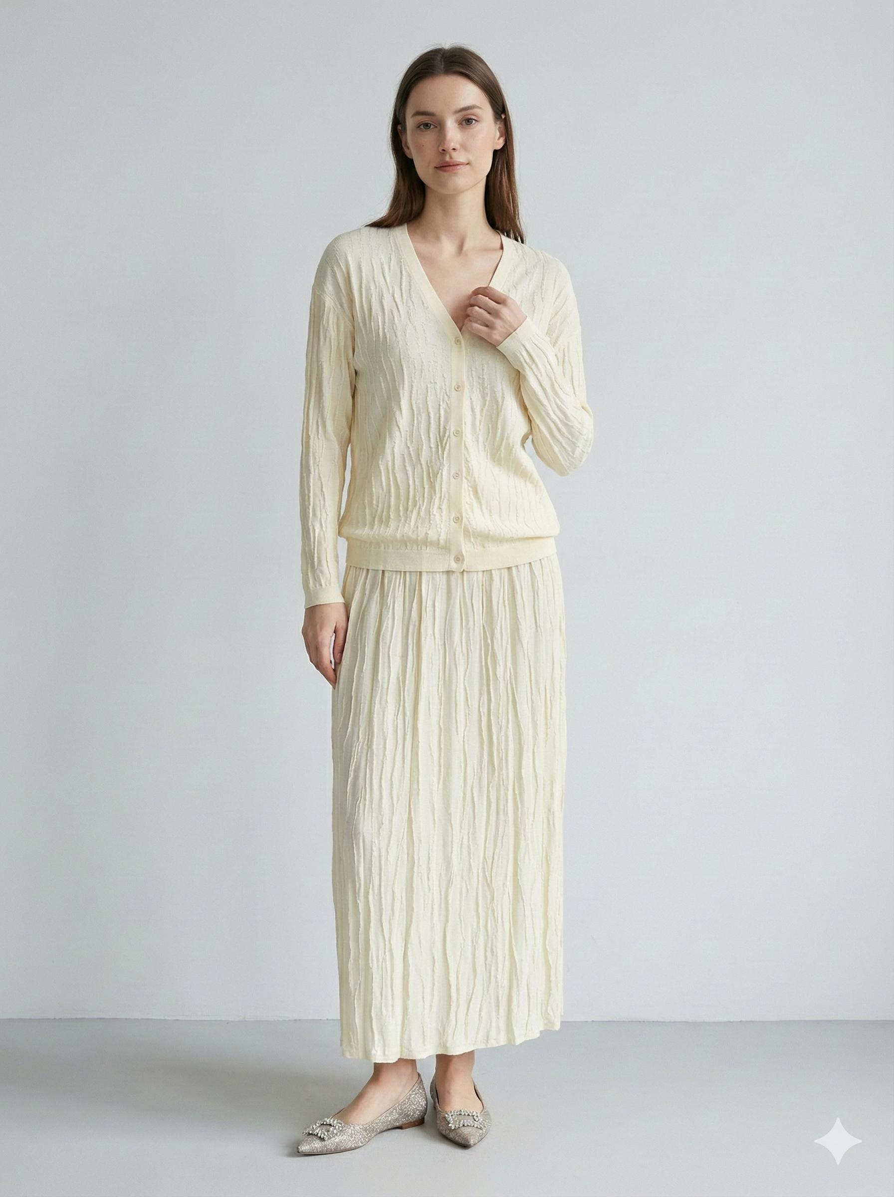 Spring/Summer Suit: Long-sleeved cardigan, camisole, long skirt, jacquard, women's sweater (14-gauge) 32211,32206