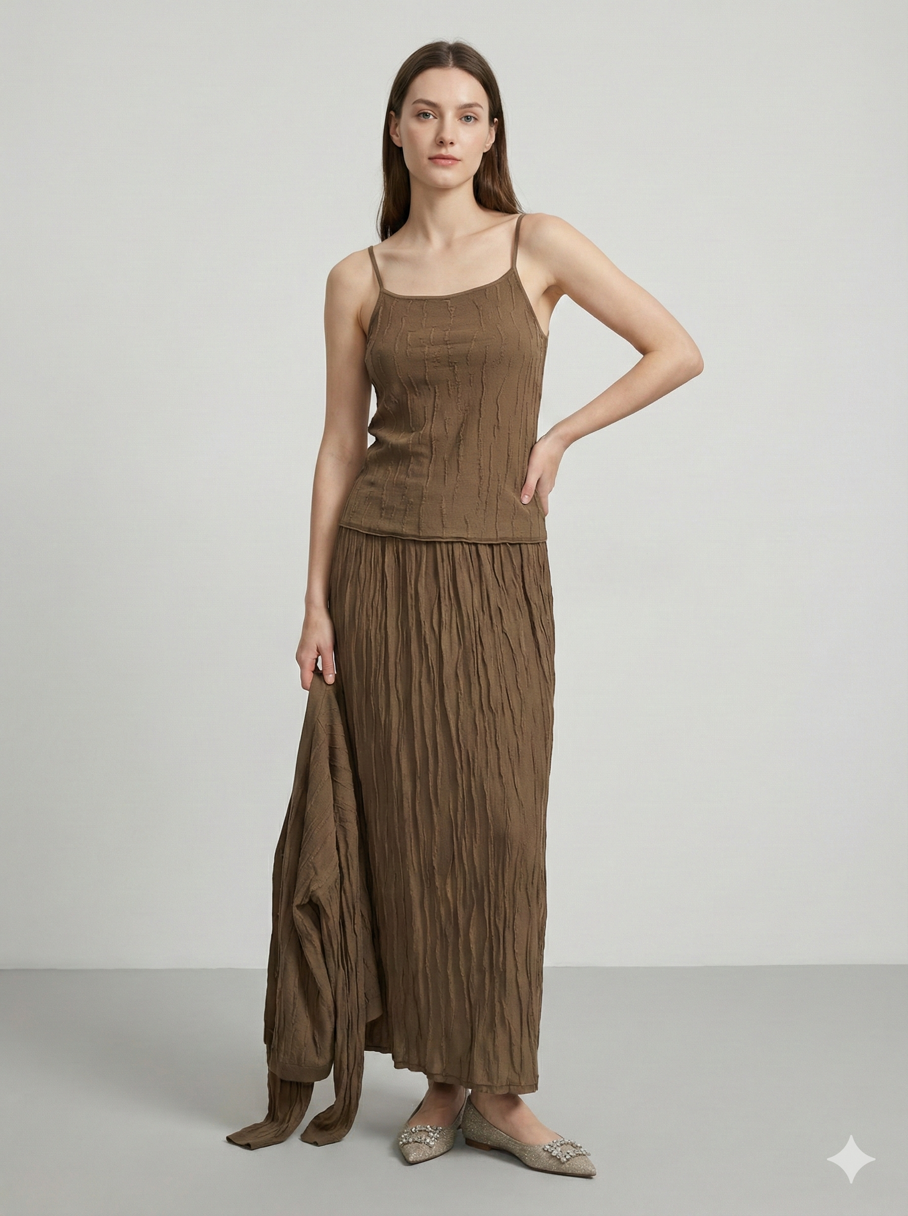 Spring/Summer Suit: Long-sleeved cardigan, camisole, long skirt, jacquard, women's sweater (14-gauge) 32211,32206