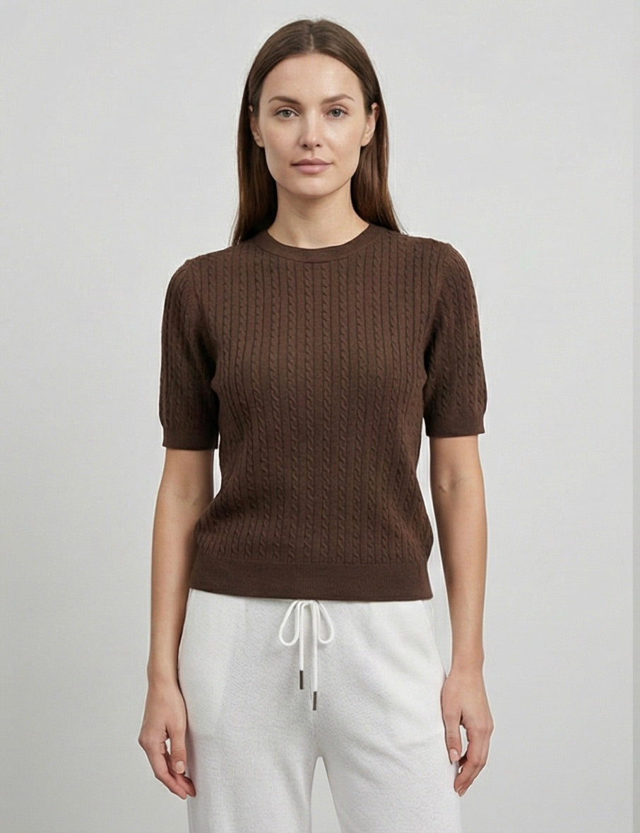 3D seamless short-sleeved crew neck sweater with twisted rope style, 33% wool.H8609