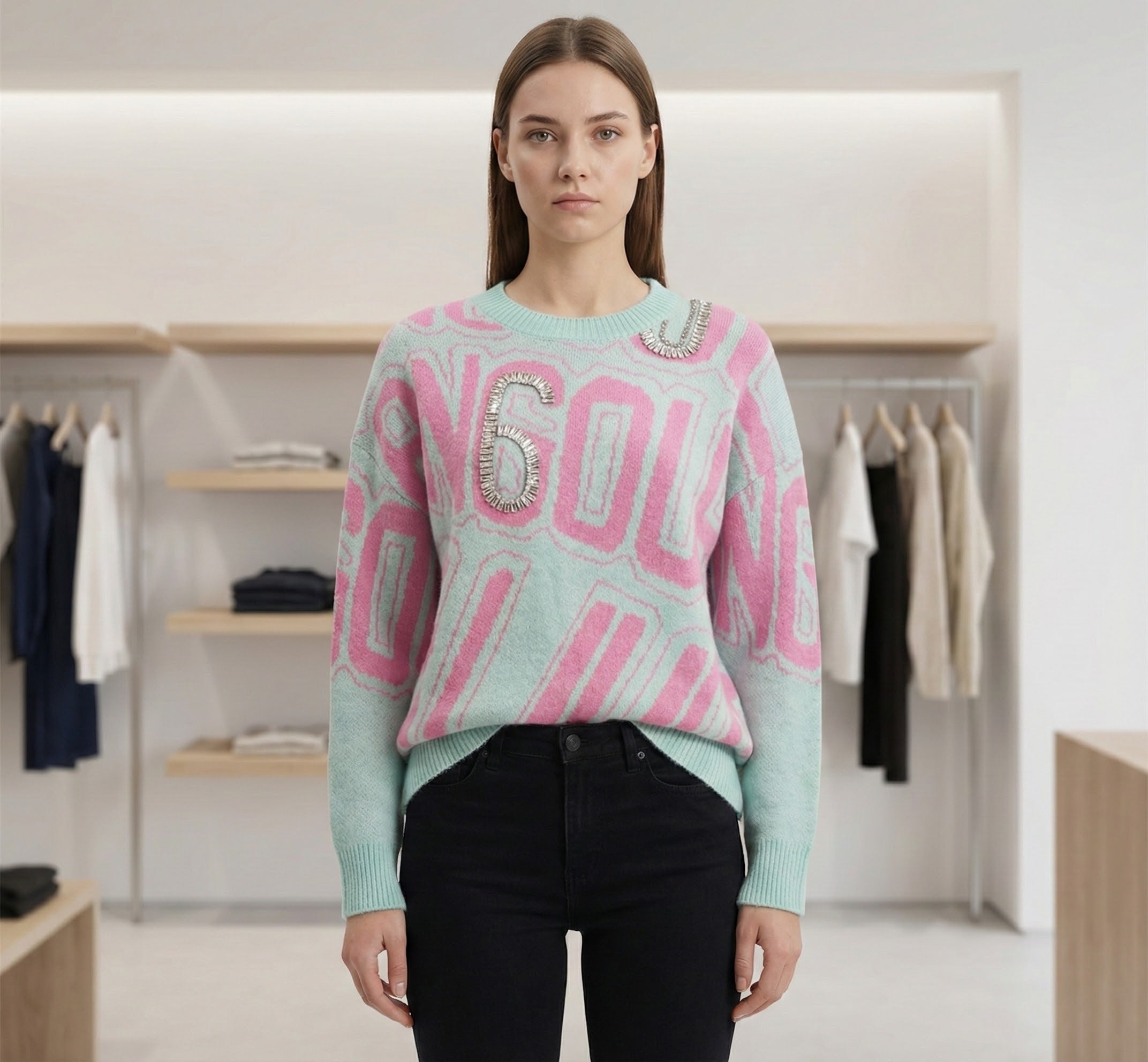 Jacquard rhinestones sweater