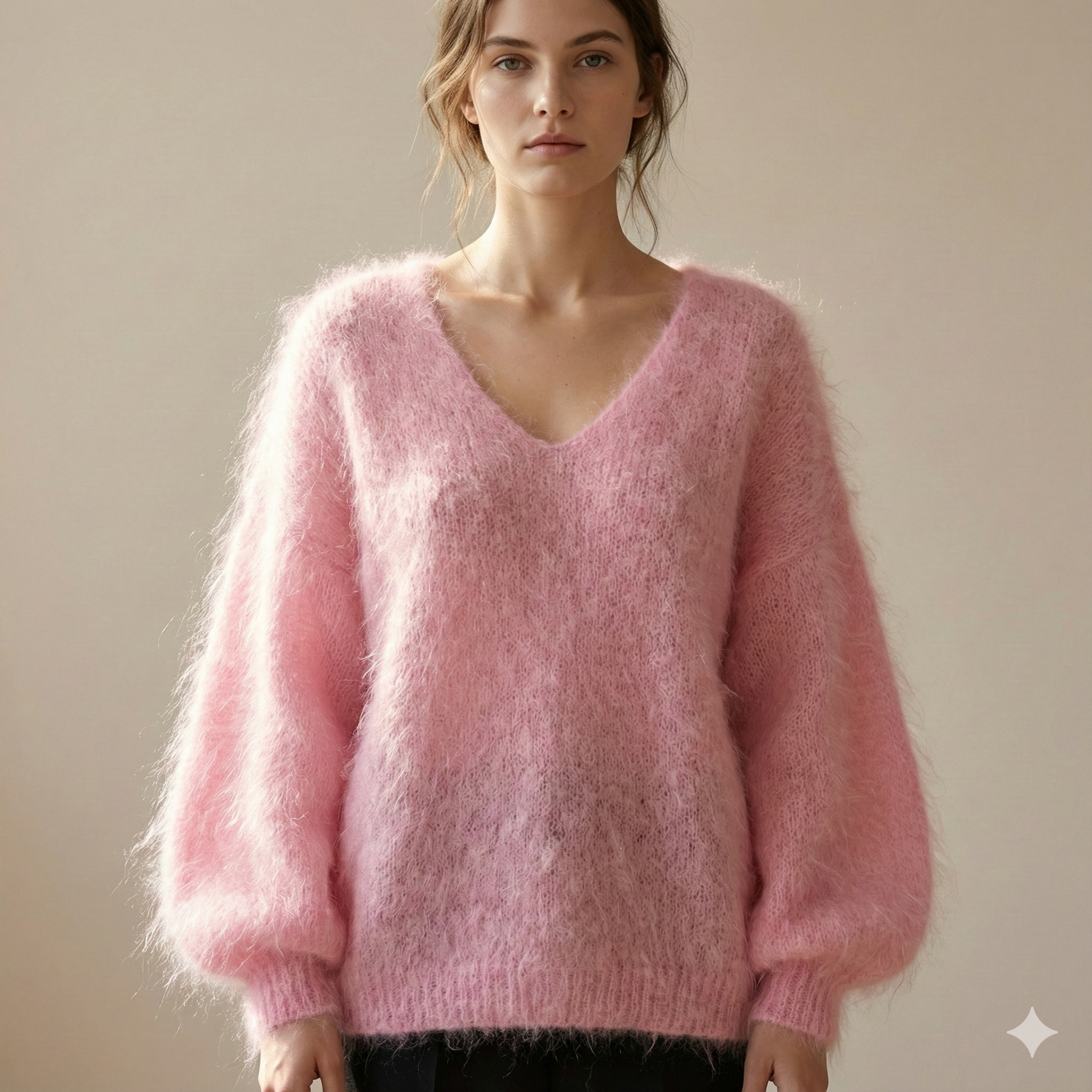 Baby mohair, V-neck collar, long-sleeved, Casual, puff sleeves style art.mh6102