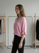 Spring/Summer Sweater, Short Sleeve, Petal-Shaped Sleeves, V-Neck, Casual art.sy8193