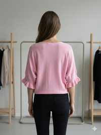 Spring/Summer Sweater, Short Sleeve, Petal-Shaped Sleeves, V-Neck, Casual art.sy8193