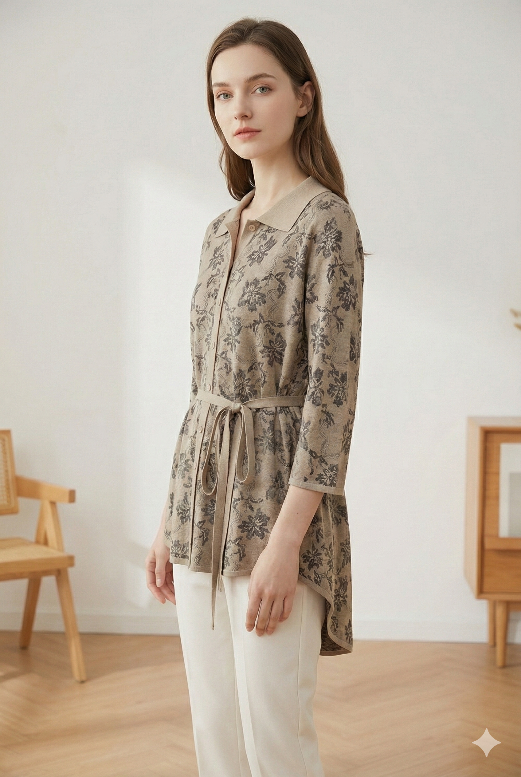 Spring/Summer Sweater, Jacquard, Polo Collar, Tie-Waist, Long, Button-Up Cardigan, art.6896