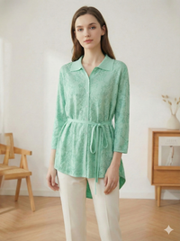 Spring/Summer Sweater, Jacquard, Polo Collar, Tie-Waist, Long, Button-Up Cardigan, art.6896