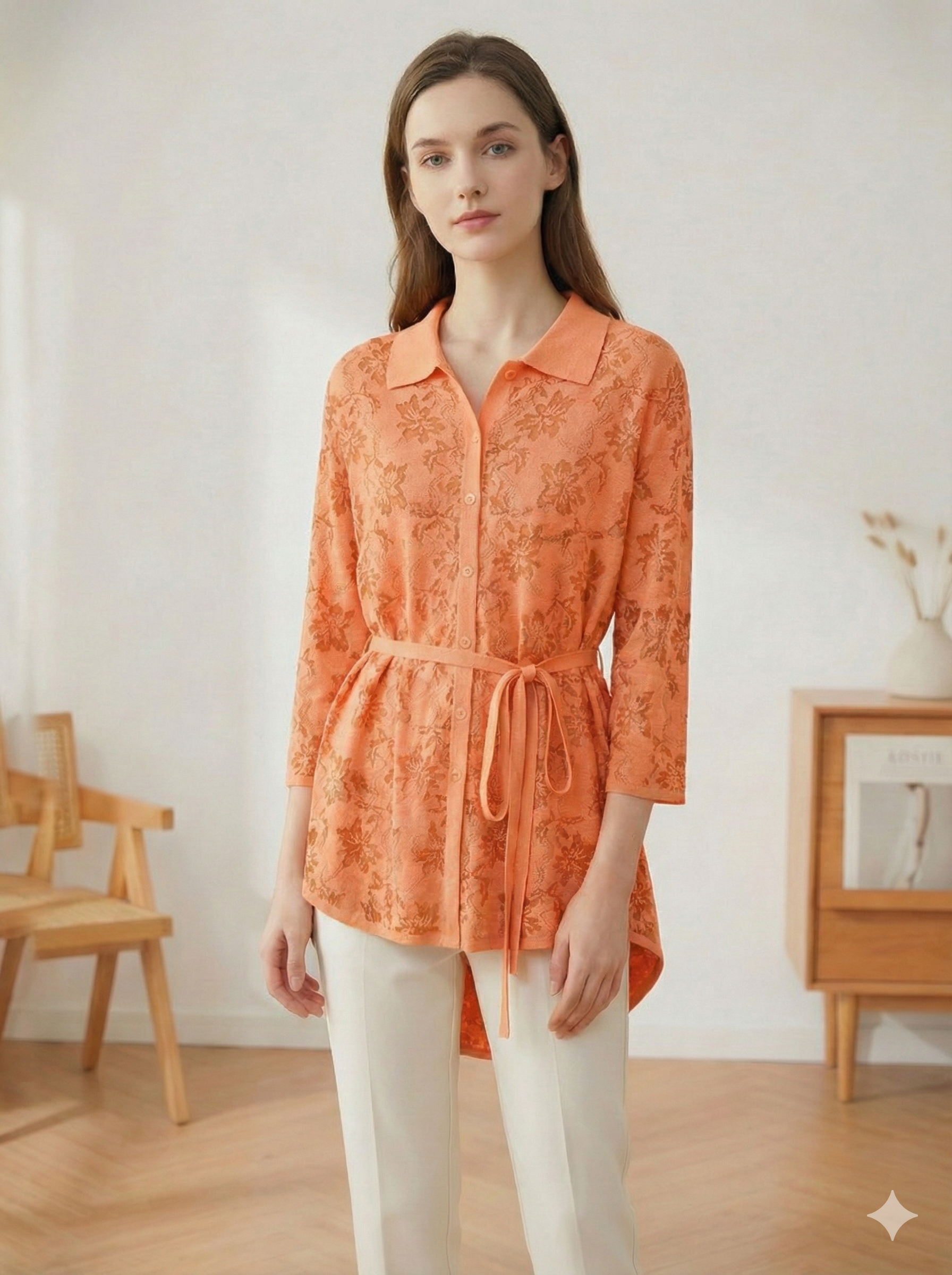 Spring/Summer Sweater, Jacquard, Polo Collar, Tie-Waist, Long, Button-Up Cardigan, art.6896
