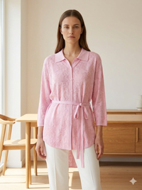 Spring/Summer Sweater, Jacquard, Polo Collar, Tie-Waist, Long, Button-Up Cardigan, art.6896