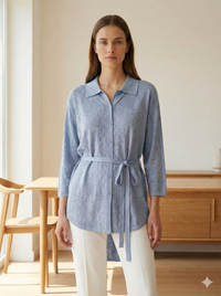 Spring/Summer Sweater, Jacquard, Polo Collar, Tie-Waist, Long, Button-Up Cardigan, art.6896