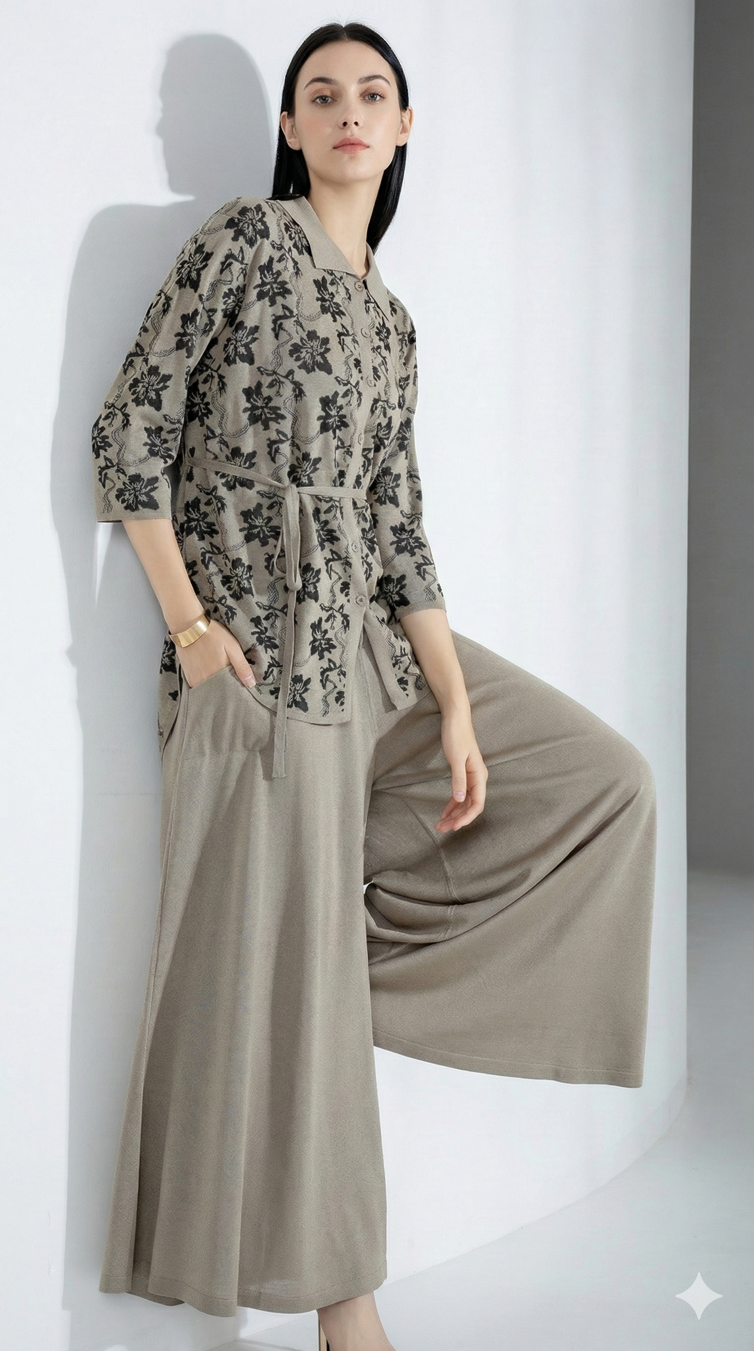 Spring/Summer Sweater, Jacquard, Polo Collar, Tie-Waist, Long, Button-Up Cardigan, art.6896