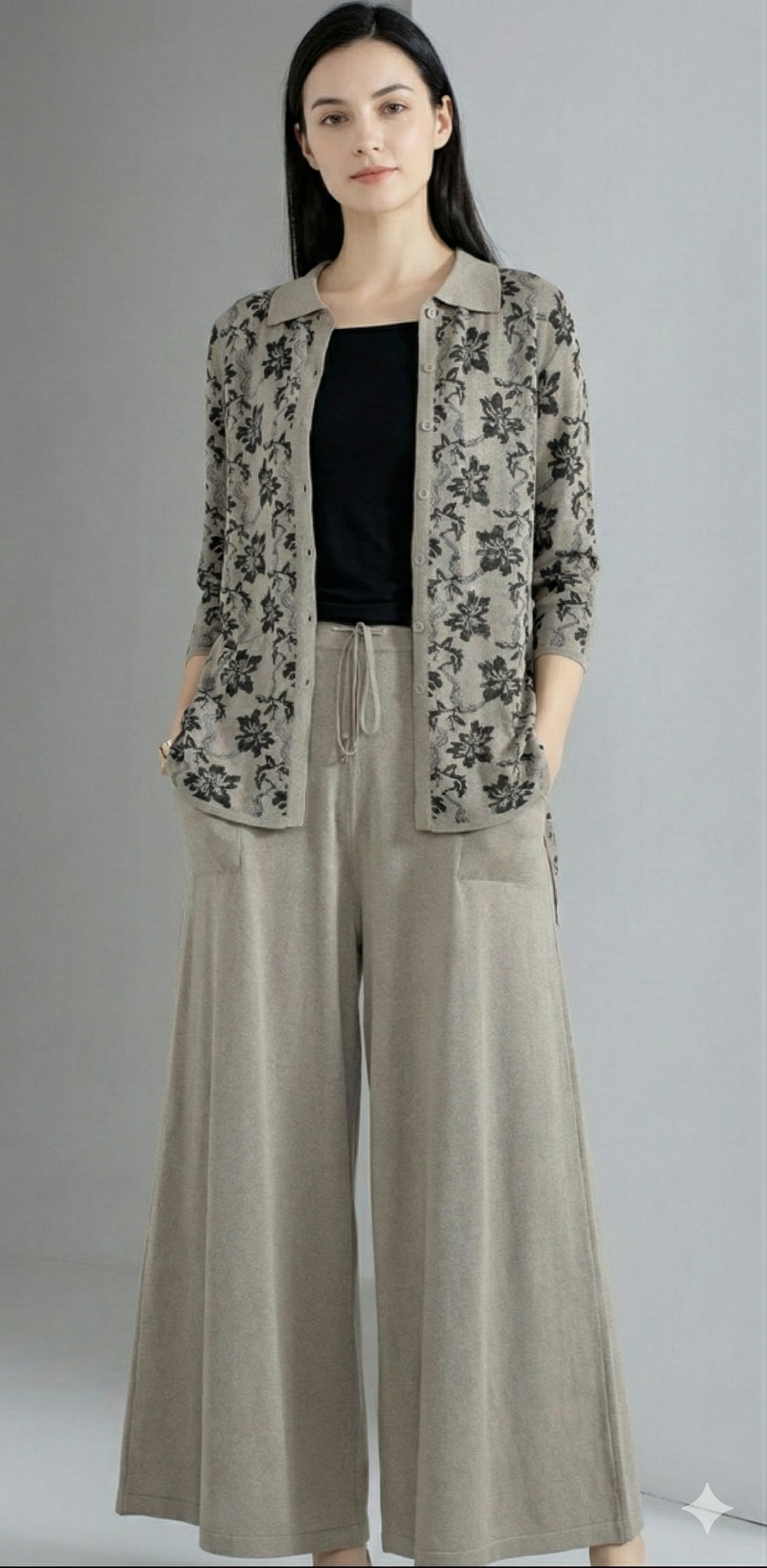 Spring/Summer Sweater, Jacquard, Polo Collar, Tie-Waist, Long, Button-Up Cardigan, art.6896