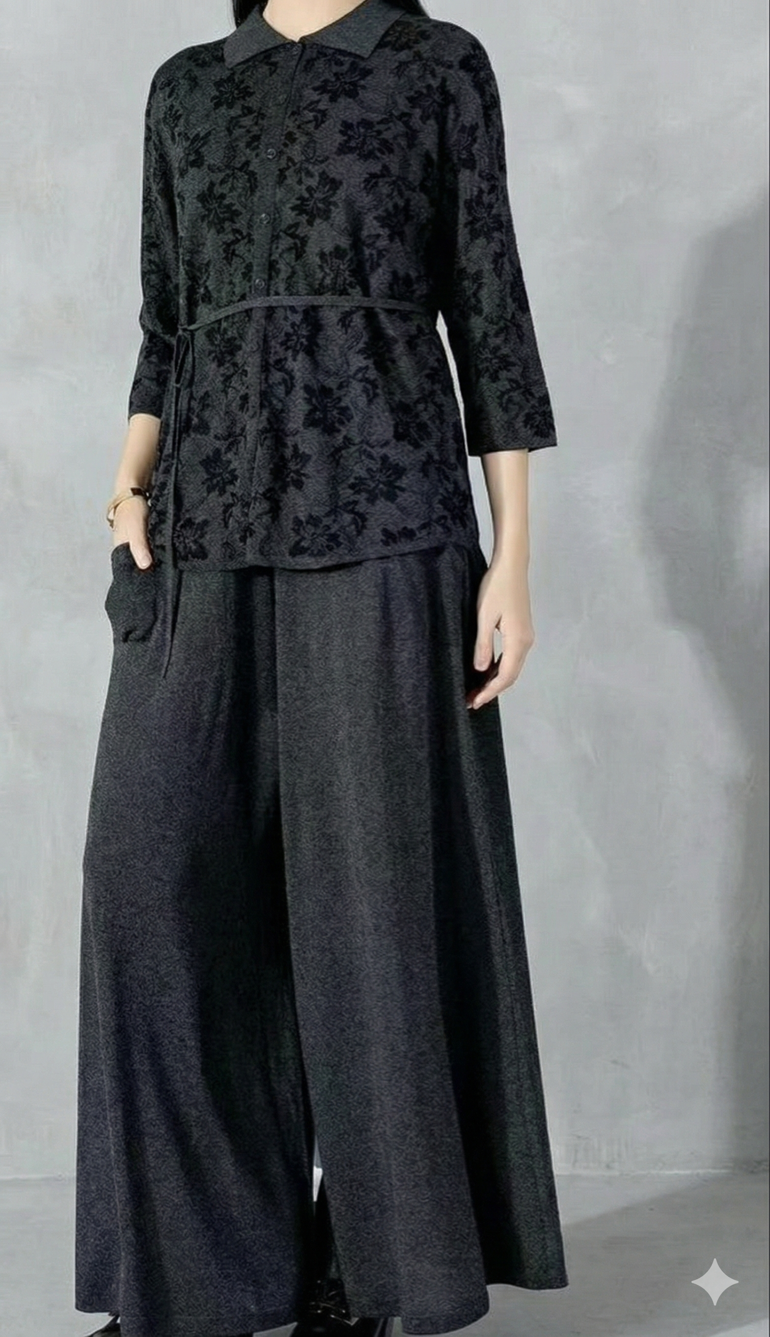Spring/Summer Sweater, Jacquard, Polo Collar, Tie-Waist, Long, Button-Up Cardigan, art.6896