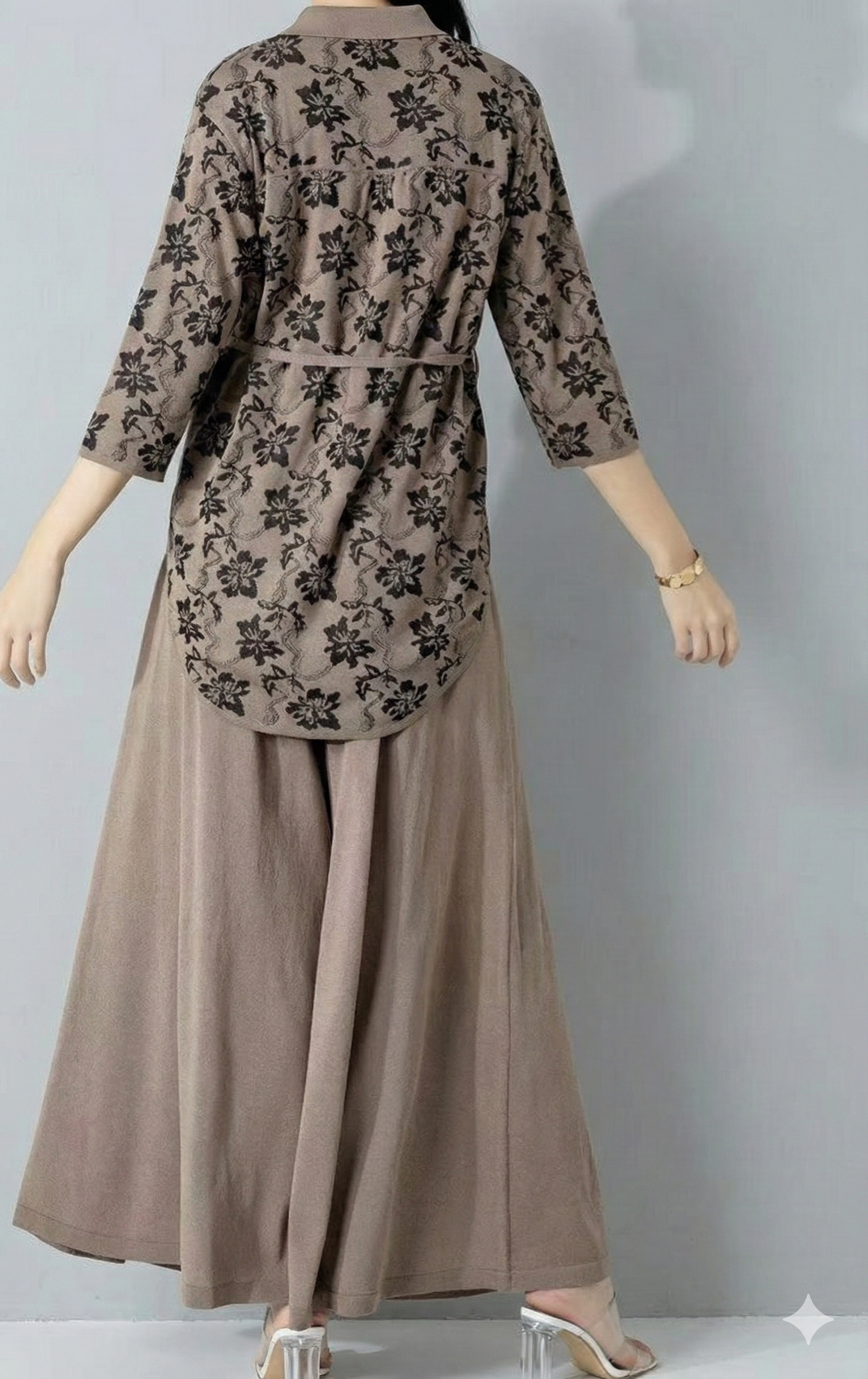 Spring/Summer Sweater, Jacquard, Polo Collar, Tie-Waist, Long, Button-Up Cardigan, art.6896