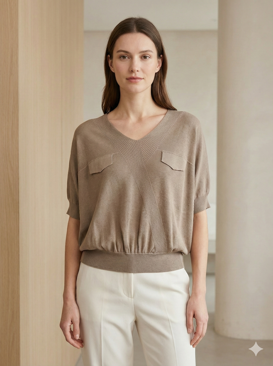 Short-sleeved, batwing sleeves, faux pockets, V-neck, casual. art.8501