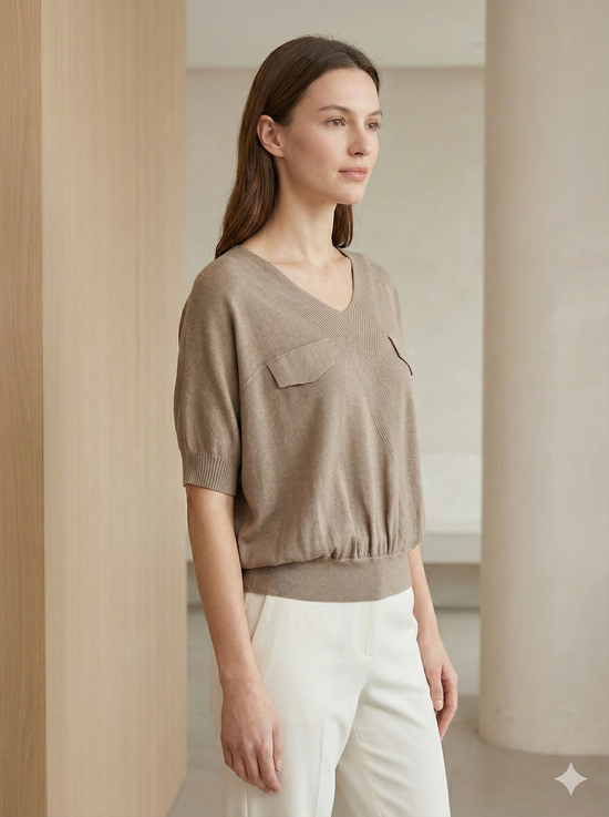 Short-sleeved, batwing sleeves, faux pockets, V-neck, casual. art.8501