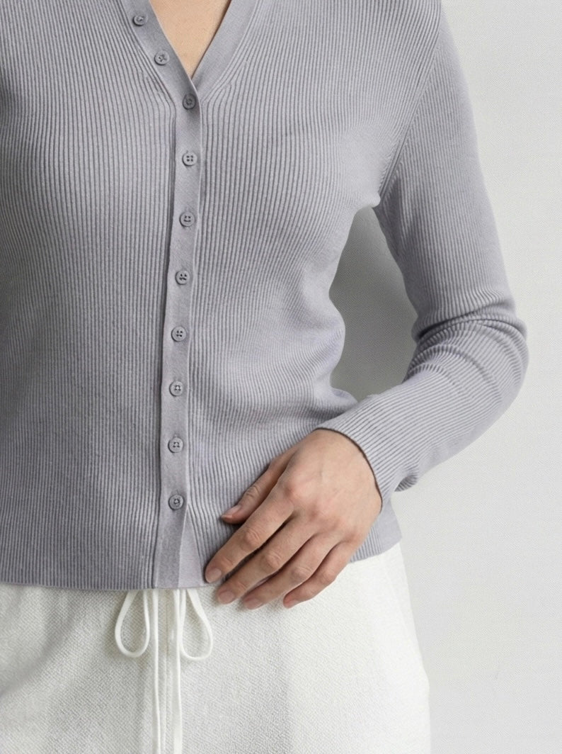 Natural Fiber Ribbed Knit crew-neck  Women's cardigan A65211