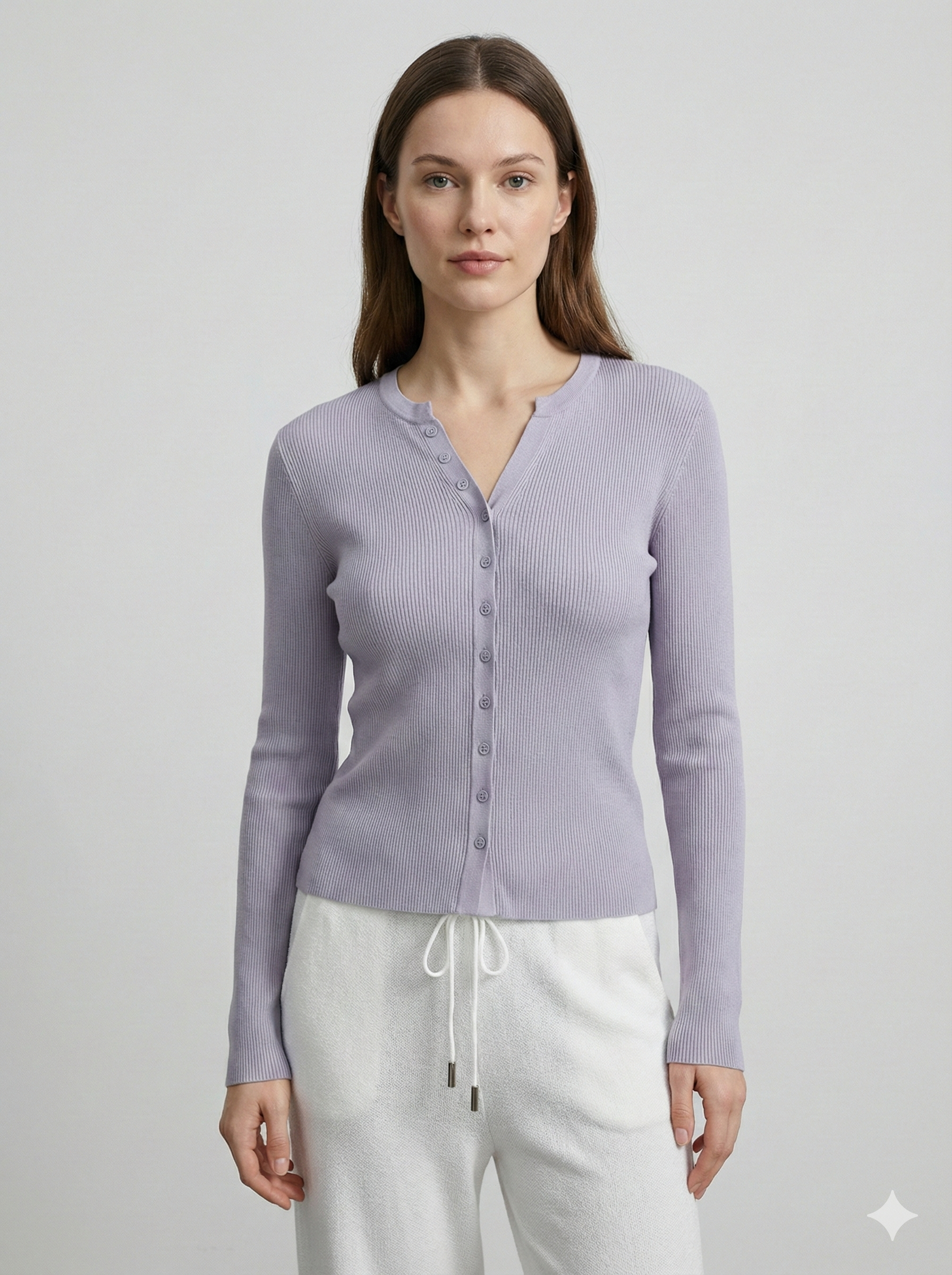 Natural Fiber Ribbed Knit crew-neck  Women's cardigan A65211