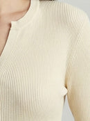 Natural Fiber Ribbed Knit crew-neck  Women's cardigan A65211