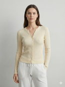 Natural Fiber Ribbed Knit crew-neck  Women's cardigan A65211