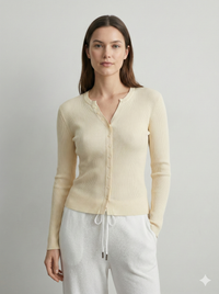 Natural Fiber Ribbed Knit crew-neck  Women's cardigan A65211