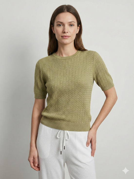 3D seamless short-sleeved crew neck sweater with twisted rope style, 33% wool.H8609