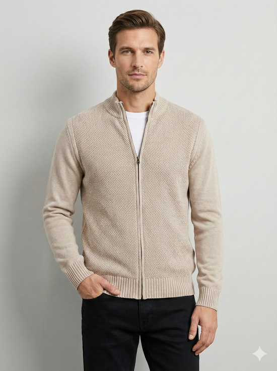 Stone wash jacquard zipper sweater H005